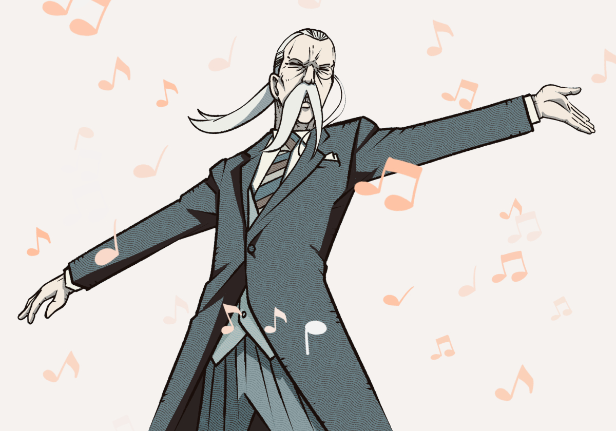 a-king, henry henderson, spy x family, 1boy, beamed eighth notes, beard, closed eyes, eighth note, facial hair, formal clothes, long hair, long mustache, male focus, monocle, musical note, mustache, necktie, old, old man, pocket square, quarter note, solo, standing, striped necktie, suit, white hair