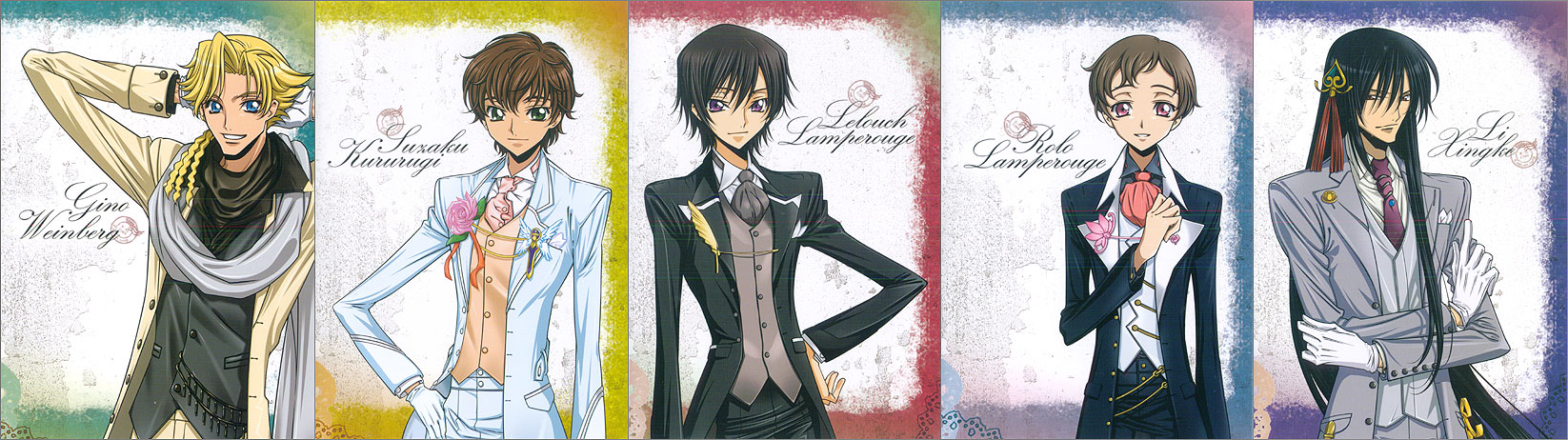 gino weinberg, kururugi suzaku, lelouch vi britannia, li xingke, rolo lamperouge, code geass, highres, long image, official art, wide image, 00s, 5boys, ascot, black hair, blonde hair, blue eyes, brown hair, gloves, green eyes, long hair, male focus, multiple boys, purple eyes, scarf, short hair, tuxedo