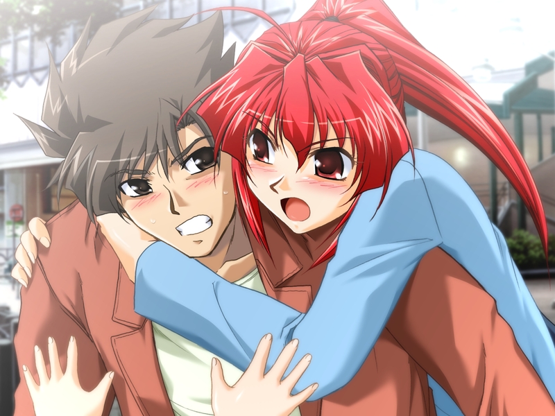 mutou keiji, misaki (breed-island), breed-island, game cg, non-web source, 1boy, 1girl, blush, brown eyes, brown hair, long hair, ponytail, red eyes, red hair, short hair