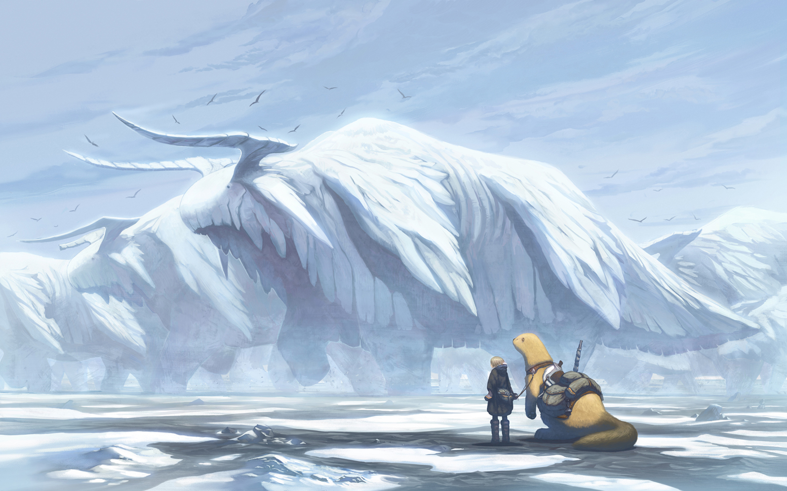 gugu (monkey), original, commentary, 1other, ambiguous gender, animal, bag, bird, black boots, black coat, blonde hair, boots, cloud, coat, day, fantasy, gloves, grand scale, hood, hood down, hooded coat, ice, monster, otter, oversized animal, reins, short hair, simple bird, sky, snow, standing, very wide shot, water