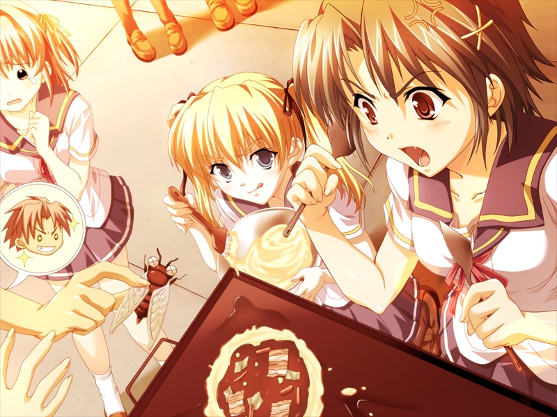 tsukasa yuuki, celes alford, inui miri, shinonome yukako, natsumegu, brush, game cg, non-web source, 3girls, :q, anger vein, basting brush, batter, bee, black hair, blonde hair, blue eyes, bowl, brown eyes, bug, cooking, food, long hair, multiple girls, okonomiyaki, orange hair, school uniform, short hair, skirt, sunset, tongue, tongue out, twintails