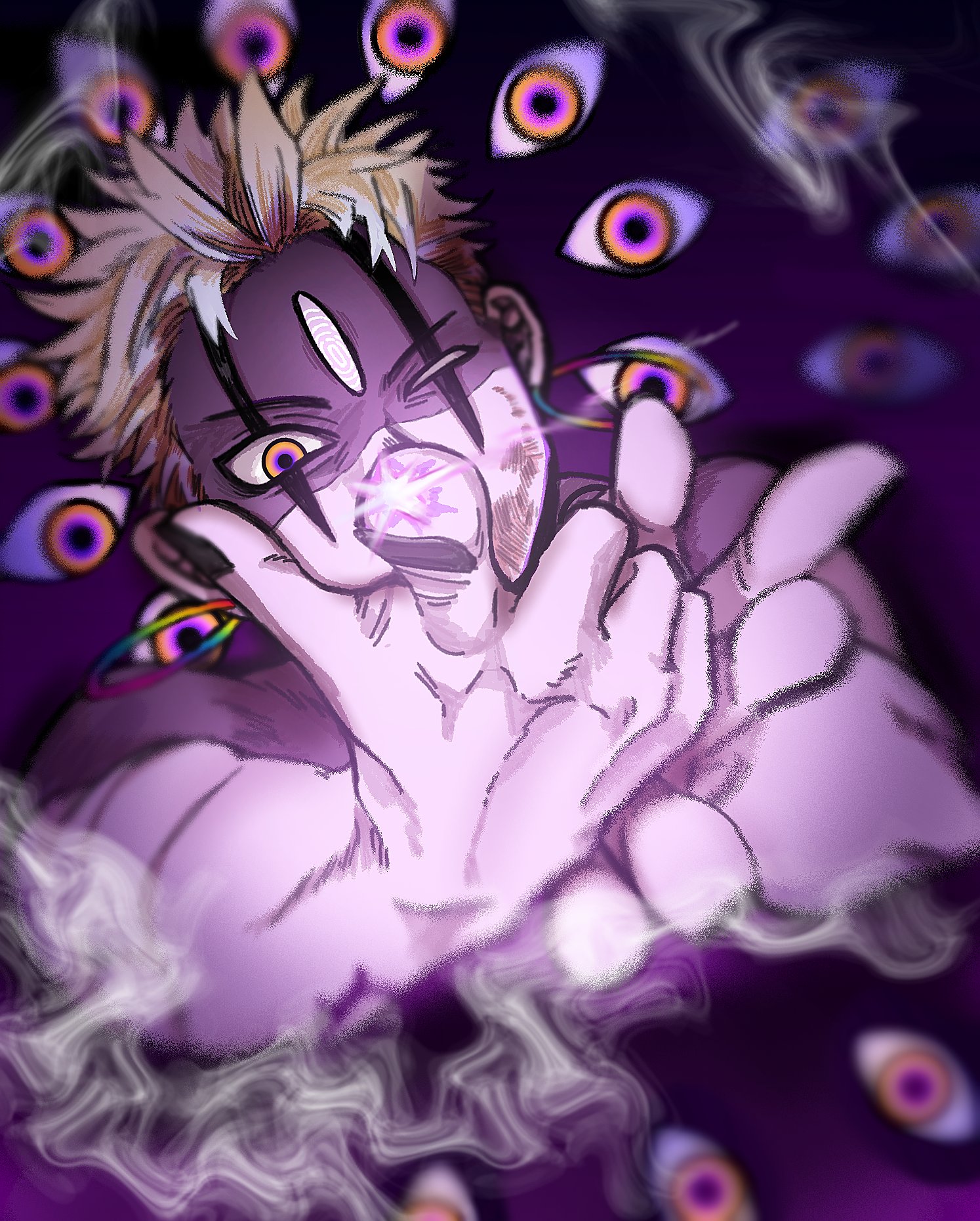 enjoji jin, evil eye (dandadan), dandadan, highres, 1boy, black nails, blonde hair, dirty, dirty face, earrings, facial mark, hoop earrings, jewelry, male focus, nail polish, one eye closed, orange eyes, outstretched hand, punk tigiri, short hair, solo, third eye, topless male, upper body