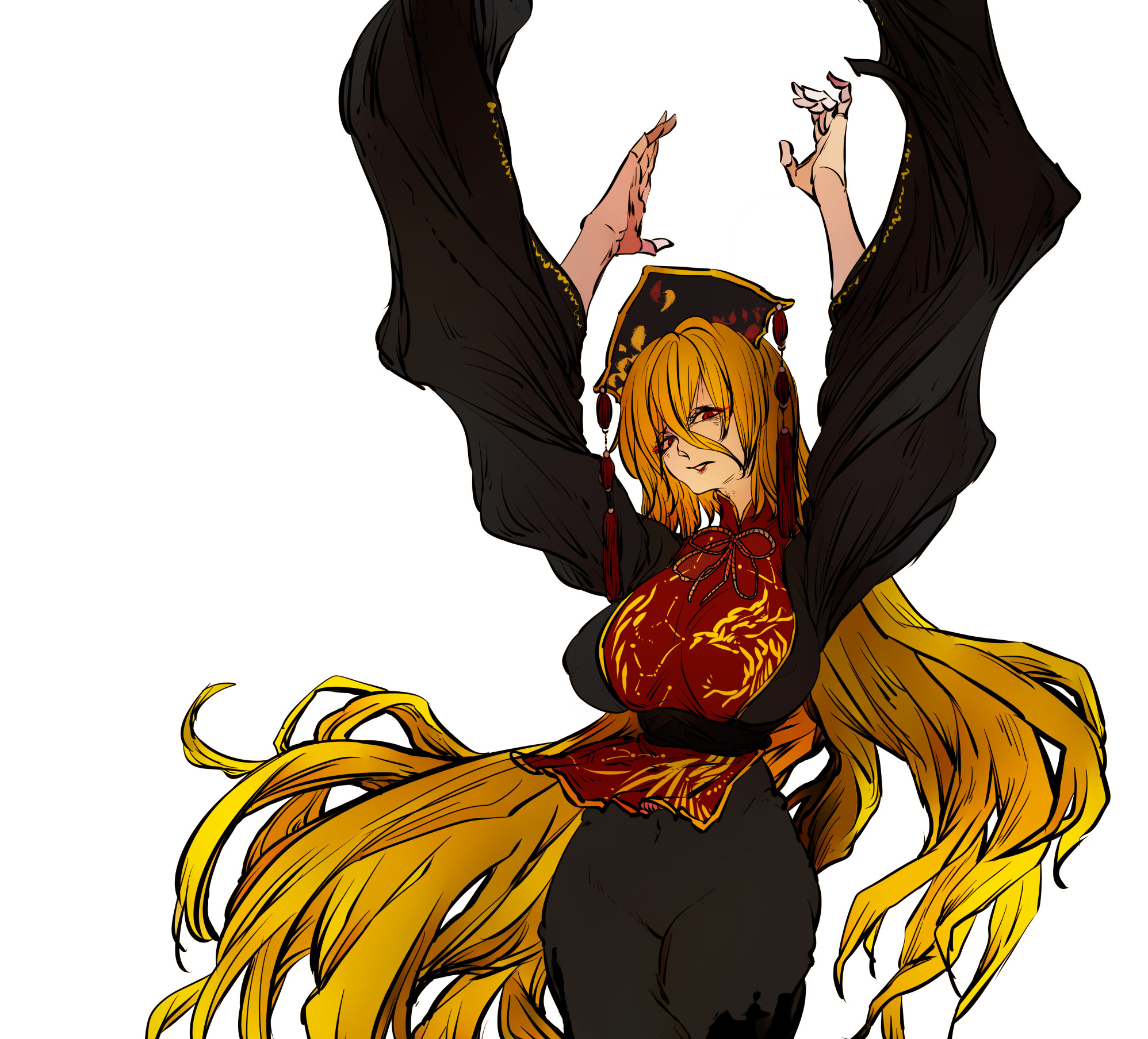 kyanduru, junko (touhou), touhou, highres, 1girl, arms up, black hat, black robe, blonde hair, breasts, dalachi (headdress), hair between eyes, hat, huge breasts, long bangs, long hair, long hair between eyes, long sleeves, navel, red eyes, red tabard, robe, simple background, solo, tabard, very long hair, white background, wide sleeves