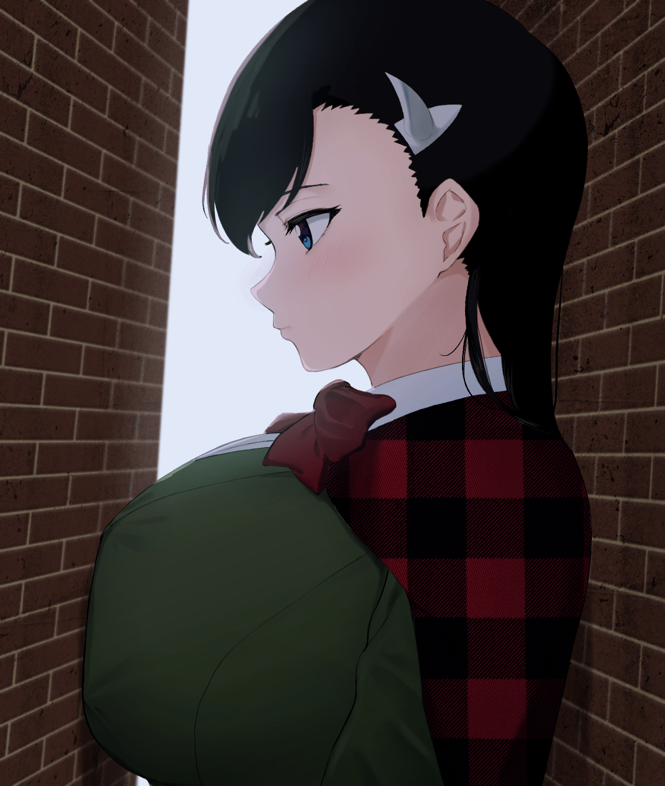 nayutayutautau, niihashi noel, burn the witch, commentary request, highres, 1girl, backlighting, black hair, blue eyes, bow, bowtie, breasts, brick wall, capelet, expressionless, from side, green jacket, hair behind ear, huge breasts, jacket, plaid capelet, plaid clothes, red bow, red bowtie, red capelet, school uniform, solo, stuck, upper body