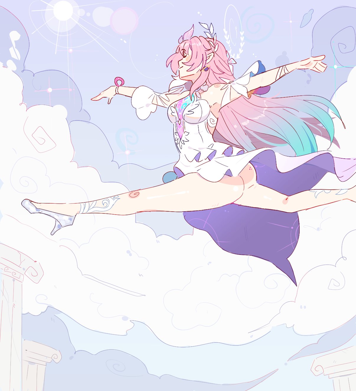 unfamousradish, cyrene (honkai: star rail), cyrene (ripples of past reverie) (honkai: star rail), honkai: star rail, honkai (series), commentary, english commentary, highres, 1girl, aqua hair, ass, breasts, cloud, dress, gradient hair, halo, high heels, long hair, medium breasts, multicolored hair, no panties, pink hair, pointy ears, solo, very long hair, white dress, white hair