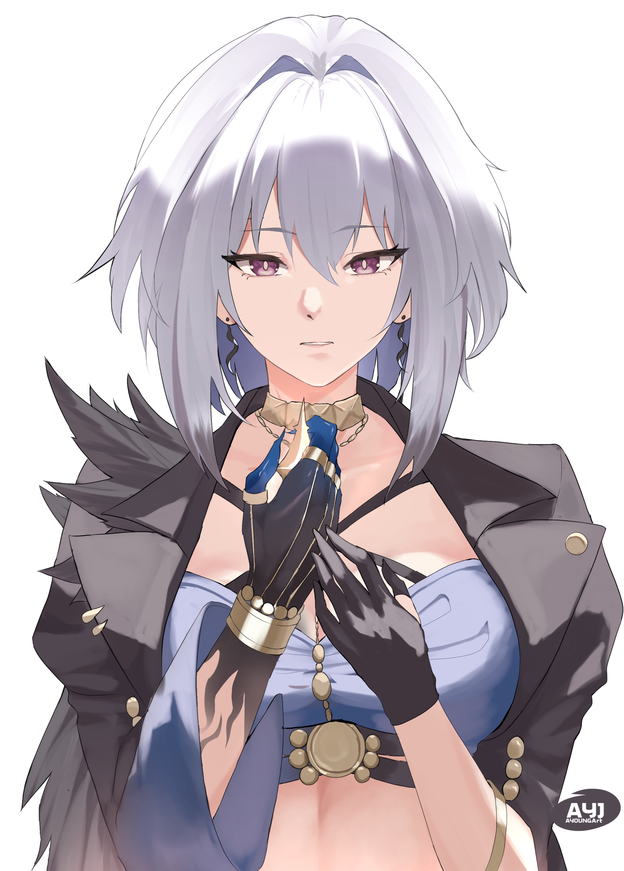 ayoungart, galbrena (wuthering waves), wuthering waves, absurdres, commentary, english commentary, highres, 1girl, artist name, black gloves, black jacket, blue bra, bra, breasts, cleavage, cropped jacket, gloves, grey hair, hands up, jacket, looking at viewer, medium breasts, medium hair, mutation, parted lips, purple eyes, simple background, single glove, solo, underwear, upper body, white background