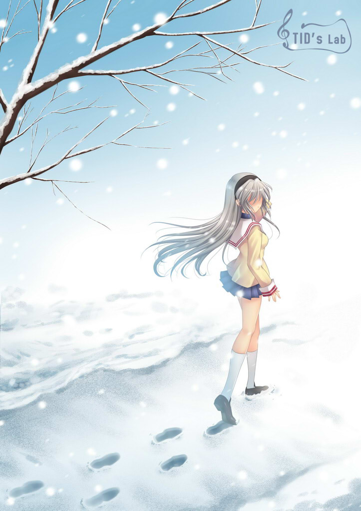 tidsean, sakagami tomoyo, clannad, silver hair, bad id, bad pixiv id, 00s, 1girl, female focus, footprints, hairband, legs, long hair, long legs, school uniform, snow, solo