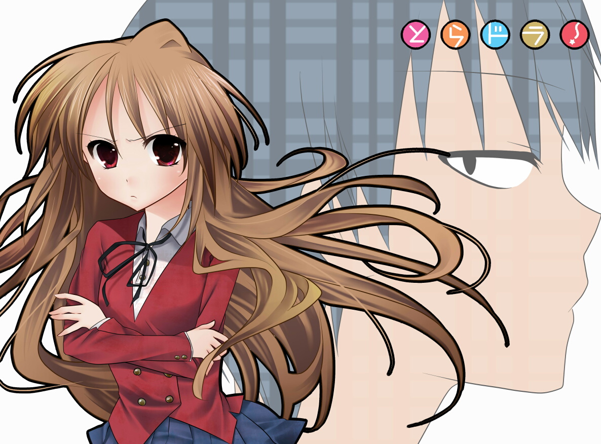 hanjuku otome, aisaka taiga, takasu ryuuji, toradora!, plaid, bad id, bad pixiv id, 00s, blue hair, brown hair, crossed arms, long hair, profile, red eyes, school uniform, short hair
