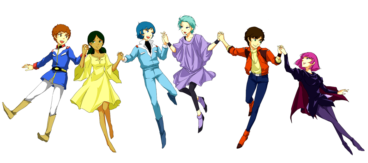 kuranaga, miyagi rie, amuro ray, four murasame, haman karn, judau ashta, kamille bidan, lalah sune, gundam, gundam zz, mobile suit gundam, zeta gundam, bad id, bad pixiv id, 3boys, 3girls, barefoot, bindi, black hair, blue hair, cape, dress, facial mark, forehead mark, good end, green eyes, green hair, holding hands, in-franchise crossover, leggings, military, military uniform, multiple boys, multiple girls, pantyhose, pink hair, purple eyes, short hair, smile, tunic
