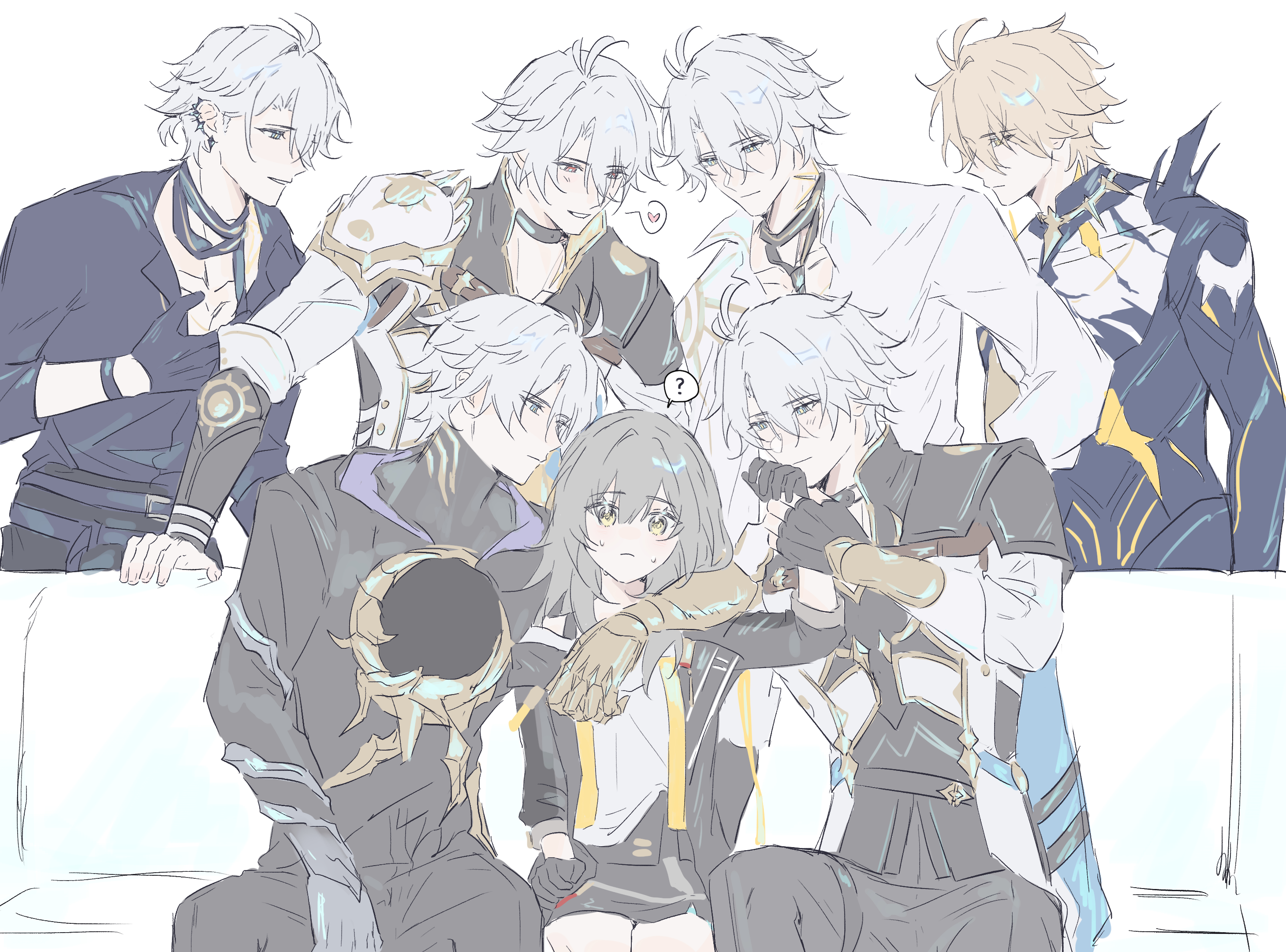 annann nna, flame reaver of the deepest dark, phainon (anan) (honkai: star rail), phainon (fashion) (honkai: star rail), phainon (honkai: star rail), phainon (khaslana) (honkai: star rail), stelle (honkai: star rail), trailblazer (honkai: star rail), honkai: star rail, honkai (series), commentary, highres, 1girl, 6+boys, ?, antenna hair, arm around neck, black gloves, black jacket, black pants, black shirt, black skirt, blonde hair, blue eyes, clone harem, closed mouth, couch, frown, gloves, grey hair, heart, hetero, holding another's arm, jacket, long hair, looking at another, looking at viewer, male harem, multiple boys, multiple persona, official alternate costume, on couch, pants, red eyes, shirt, simple background, sitting, skirt, smile, spoken heart, spoken question mark, standing, surrounded, sweatdrop, white background, white hair, white shirt, yellow eyes