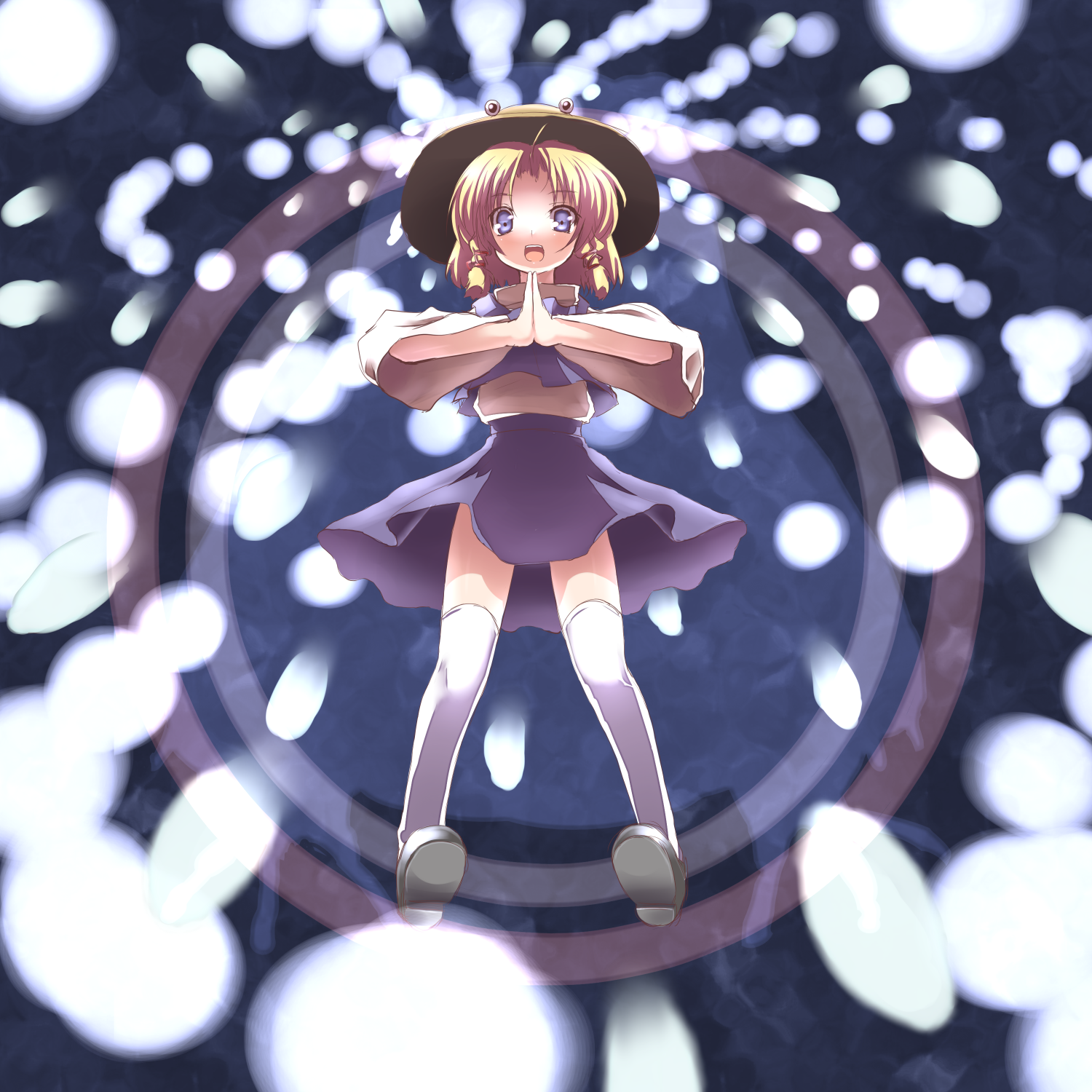 hiraga matsuri, hirasato, moriya suwako, touhou, highres, 1girl, blonde hair, blue eyes, danmaku, female focus, from below, hair ribbon, hat, open mouth, own hands together, ribbon, short hair, solo, thighhighs, white thighhighs, zettai ryouiki
