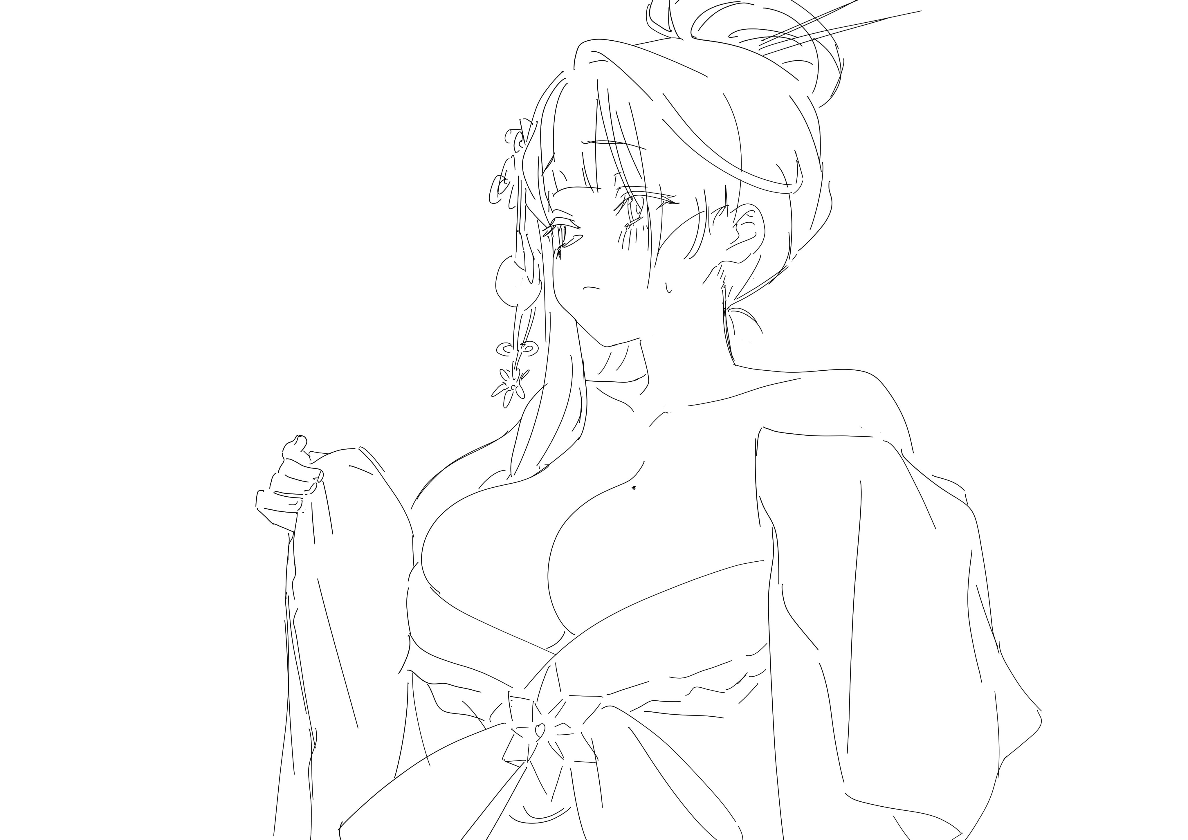 ojin, original, 1girl, breasts, earrings, japanese clothes, jewelry, large breasts, mole, mole on breast, monochrome, sleeves past wrists, solo, white background