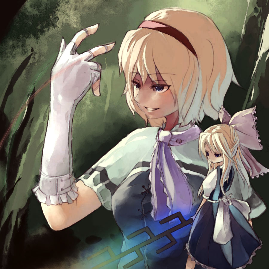 suisai (suisao), alice margatroid, shanghai doll, touhou, 2girls, blonde hair, female focus, hairband, multiple girls, outdoors, plant, ribbon, short hair, tree, upper body