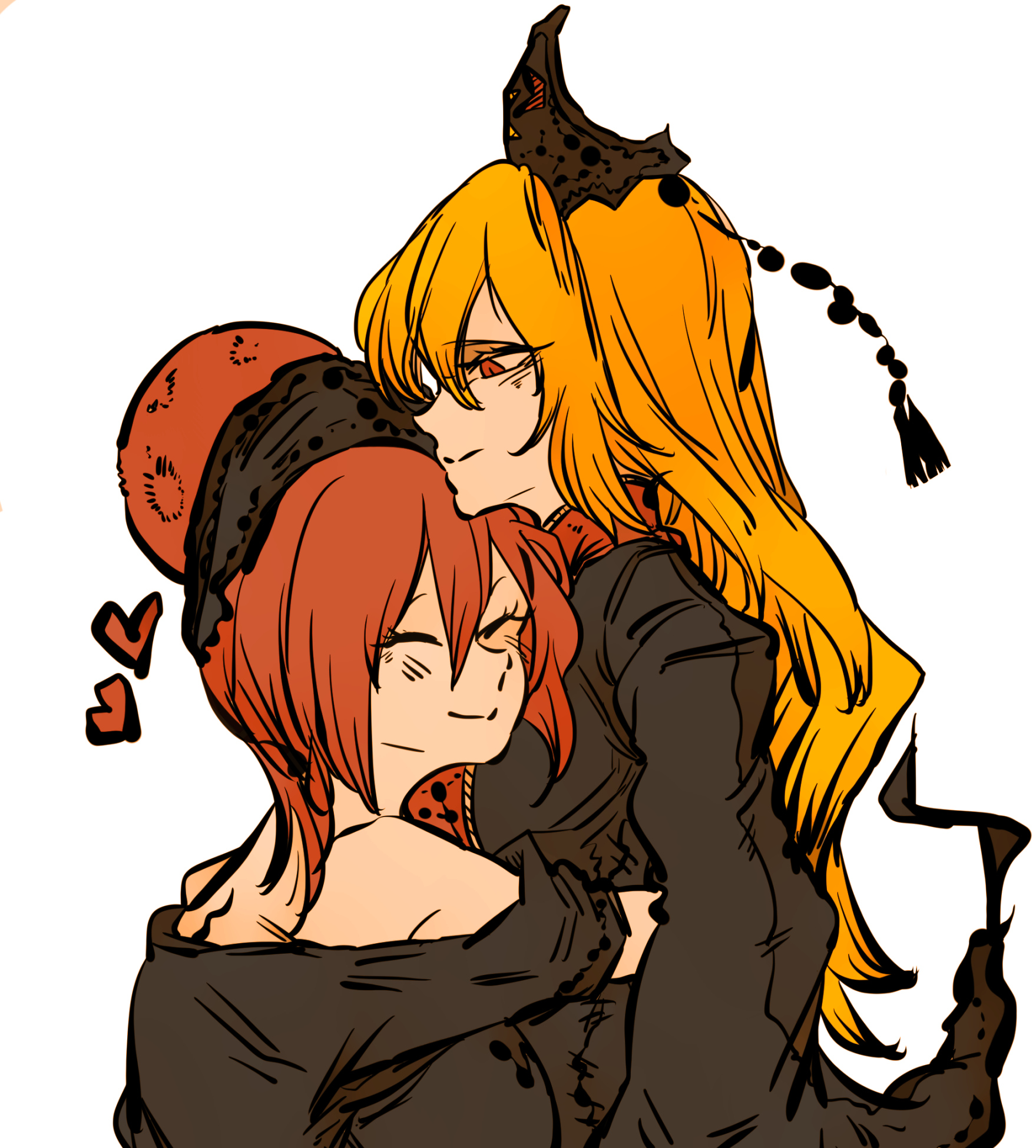 kyanduru, hecatia lapislazuli, junko (touhou), touhou, highres, 2girls, arms around waist, bare shoulders, black hat, black robe, black shirt, blonde hair, closed mouth, dalachi (headdress), hair between eyes, hat, heart, hug, long hair, multiple girls, off-shoulder shirt, off shoulder, red eyes, red hair, red tabard, robe, shirt, smile, tabard, very long hair, yuri
