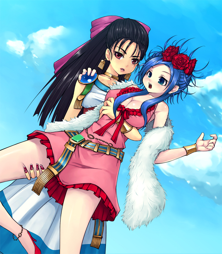 mahito, deborah (dq5), flora (dq5), dragon quest, dragon quest v, bad id, bad pixiv id, 2girls, alternate hairstyle, black hair, blue eyes, blue hair, bow, breasts, cleavage, cloud, cosplay, costume switch, day, deborah (cosplay), earrings, flora (cosplay), flower, hair bow, hair flower, hair ornament, half updo, jewelry, large breasts, mole, mole under eye, multiple girls, pink bow, red eyes, rose, siblings, sisters, sky, yuri