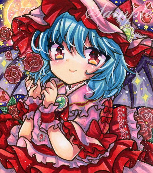 rui (sugar3), remilia scarlet, touhou, marker (medium), traditional media, 1girl, bat wings, blue hair, brooch, closed mouth, dress, flower, frills, hat, jewelry, looking at viewer, mob cap, pink dress, red eyes, red flower, red rose, rose, sample watermark, short hair, short sleeves, smile, solo, upper body, watermark, wings, wrist cuffs