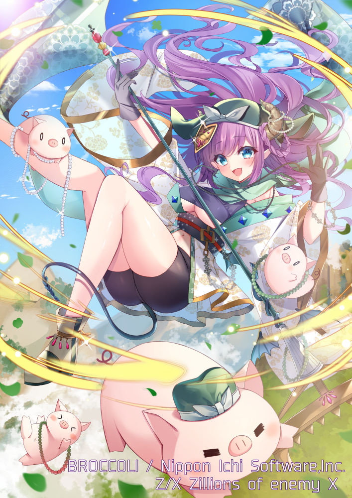 natsuki (ukiwakudasai), z/x, official art, 1girl, black gloves, black shorts, blue eyes, bracelet, braid, braided hair rings, breasts, brown horns, cleavage, copyright notice, demon girl, demon horns, demon tail, floating hair, gloves, green hat, green scarf, hair ornament, hair rings, hat, holding, holding weapon, horns, japanese clothes, jewelry, kimono, leaf, long hair, midriff, navel, obi, open mouth, outdoors, pig, pointy ears, polearm, purple hair, sash, sasumata, scarf, shoes, shorts, sparkle, tail, underboob, weapon, white kimono