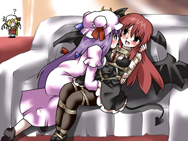 lilish, flandre scarlet, koakuma, patchouli knowledge, embodiment of scarlet devil, touhou, 0 0, 3girls, ?, arms behind back, bat wings, bdsm, black pantyhose, blonde hair, blush, bondage, bound, bound ankles, bound legs, box tie, breast bondage, breasts, chibi, couch, crescent, crotch rope, demon tail, female focus, hat, head wings, multiple girls, necktie, pantyhose, purple eyes, purple hair, red eyes, red hair, rope, shibari, tail, tears, vest, wings, yuri