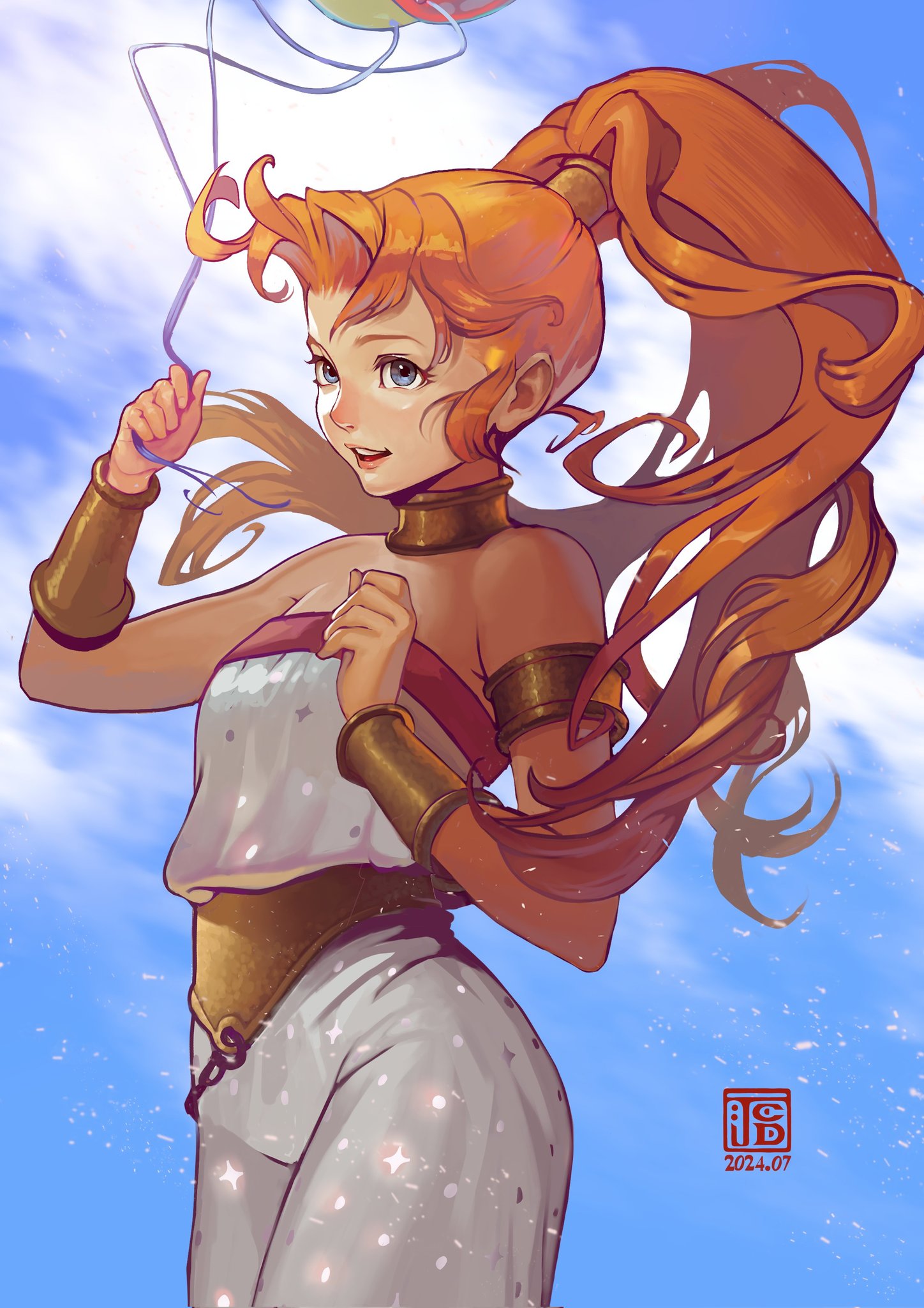 fumezu1, marle (chrono trigger), chrono trigger, gold armlet, highres, 1girl, armlet, balloon, bare shoulders, blue eyes, blue sky, breasts, cloud, cloudy sky, cowboy shot, dated, gold bracer, gold choker, holding, holding balloon, jewelry, long hair, medium breasts, orange hair, parted lips, ponytail, romper, single sidelock, sky, smile, solo, white romper