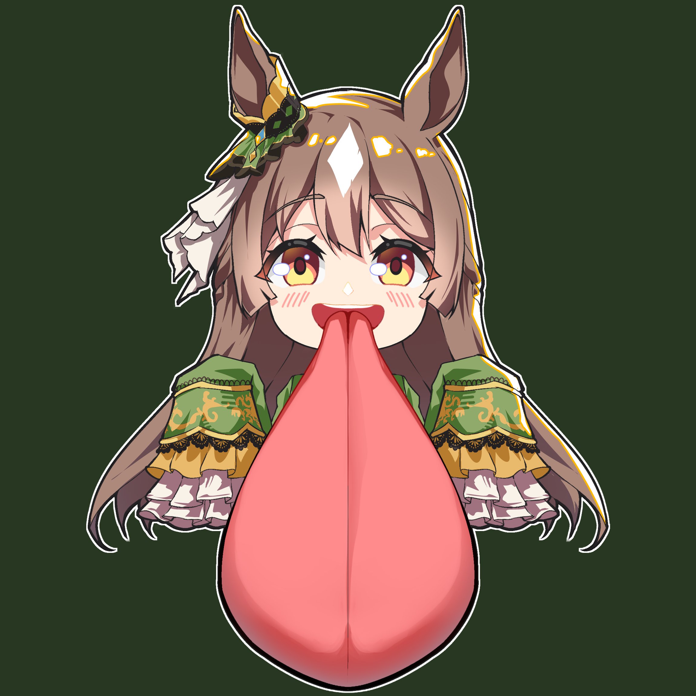 satono diamond (natural brilliance) (umamusume), satono diamond (umamusume), umamusume, commentary, highres, 1girl, :d, animal ears, blush, brown eyes, brown hair, chibi, cropped torso, freaky satono diamond (meme), frilled sleeves, frills, gabu gabugabuga, green background, green jacket, horse ears, jacket, long hair, long sleeves, long tongue, looking at viewer, meme, open mouth, sleeves past fingers, sleeves past wrists, smile, solo, tongue, tongue out, upper body, very long hair, very long tongue