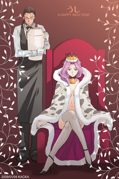 kacka, cornelia li britannia, gilbert g.p. guilford, code geass, 00s, 1boy, 1girl, clothed male nude female, crown, glasses, high heels, horns, long hair, new year, nude, purple eyes, purple hair, robe, shoes, thighhighs, throne