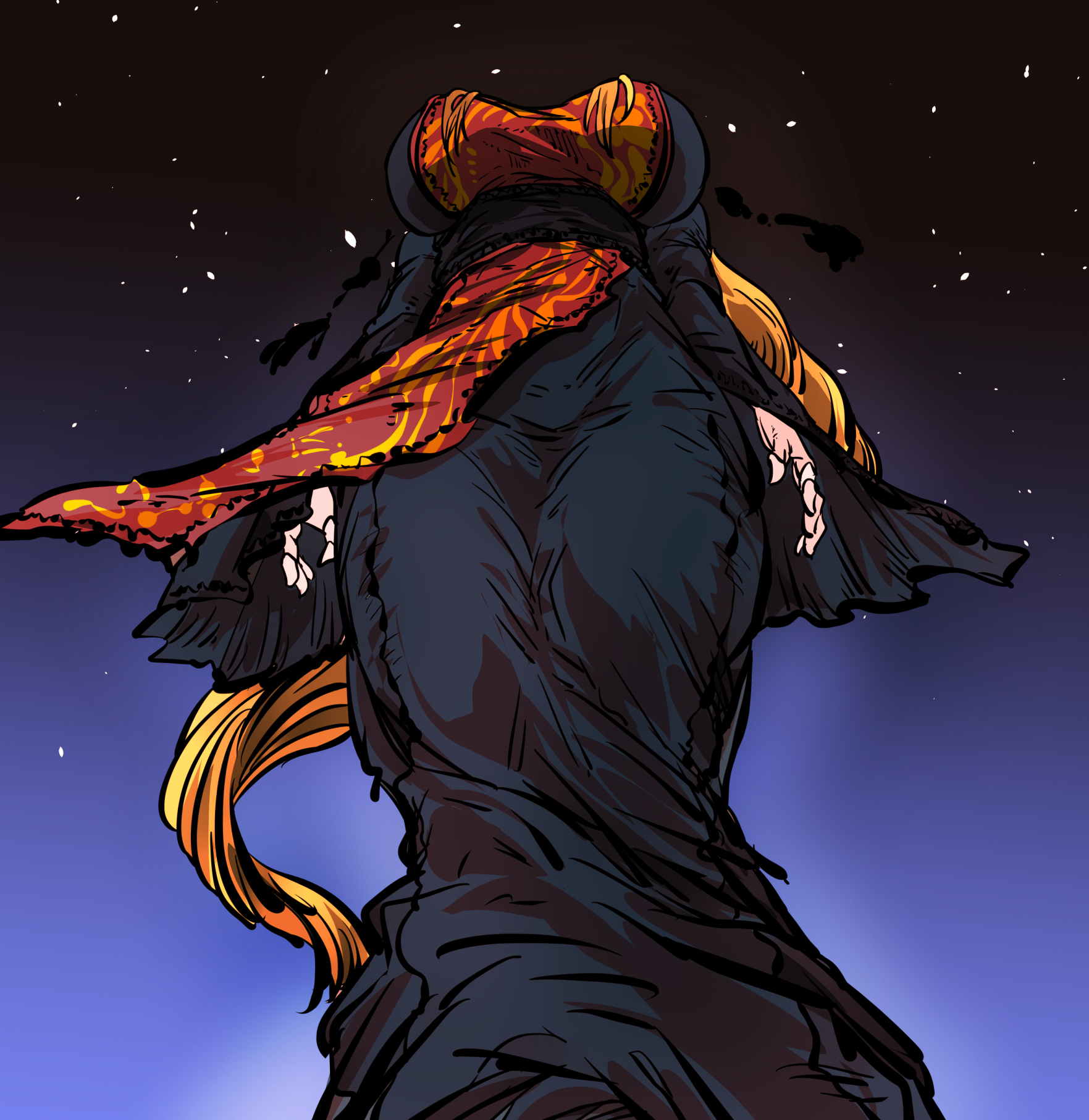 kyanduru, junko (touhou), touhou, highres, 1girl, blonde hair, breasts, from below, huge breasts, long hair, long sleeves, night, night sky, red tabard, sky, solo, star (sky), tabard, very long hair, wide sleeves