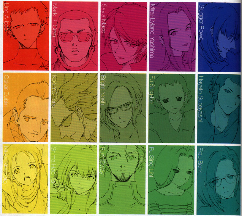 koyama shigeto, amuro ray, bright noa, fraw bow, fu shing-go, fu shing-liiht, hayato kobayashi, kai shiden, mirai yashima, oscar dublin, qui ya-cow tang, ryu jose, sayla mass, sleggar law, for the barrel, gundam, mobile suit gundam, 6+boys, 6+girls, beard, closed mouth, expressionless, facial hair, glasses, head tilt, looking at viewer, multiple boys, multiple girls, multiple monochrome, rainbow order, short hair, sidelocks, sunglasses, upper body
