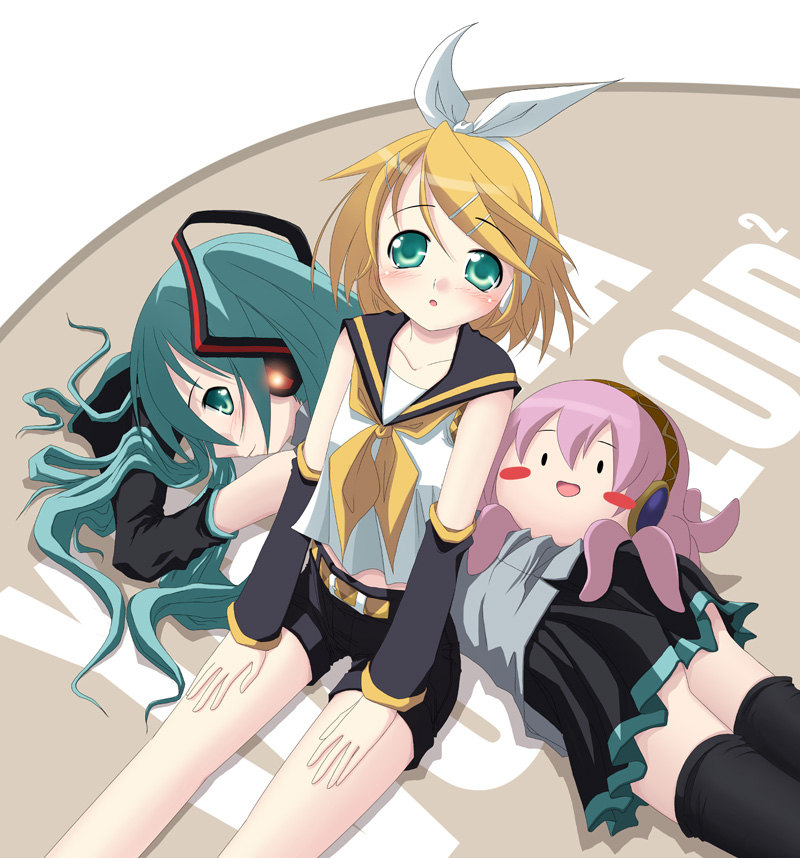 tomcat, hatsune miku, kagamine rin, megurine luka, takoluka, vocaloid, bad id, bad pixiv id, aqua eyes, aqua hair, blonde hair, bow, detached sleeves, hair ornament, hairclip, long hair, lying, pink hair, short hair, shorts, skirt, tentacles, thighhighs, zettai ryouiki