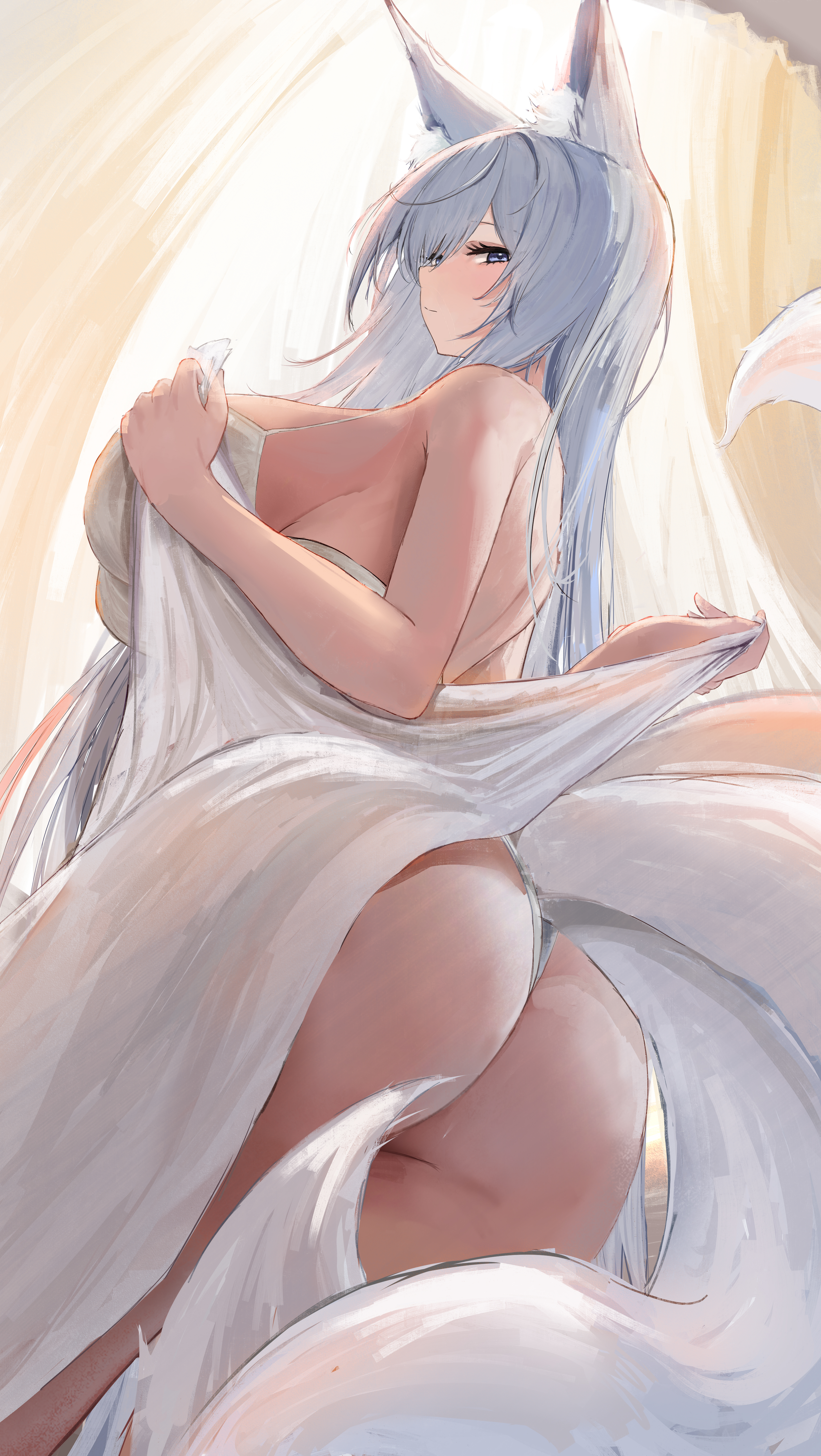 suo bu ye feng, shinano (azur lane), azur lane, absurdres, highres, 1girl, animal ear fluff, animal ears, ass, ass focus, bed sheet, blue eyes, bra, breasts, fox ears, fox tail, holding, holding sheet, huge ass, huge breasts, indoors, long hair, looking at viewer, looking to the side, multiple tails, panties, solo, tail, thick thighs, thighs, underwear, very long hair, white bra, white hair, white panties, wide hips