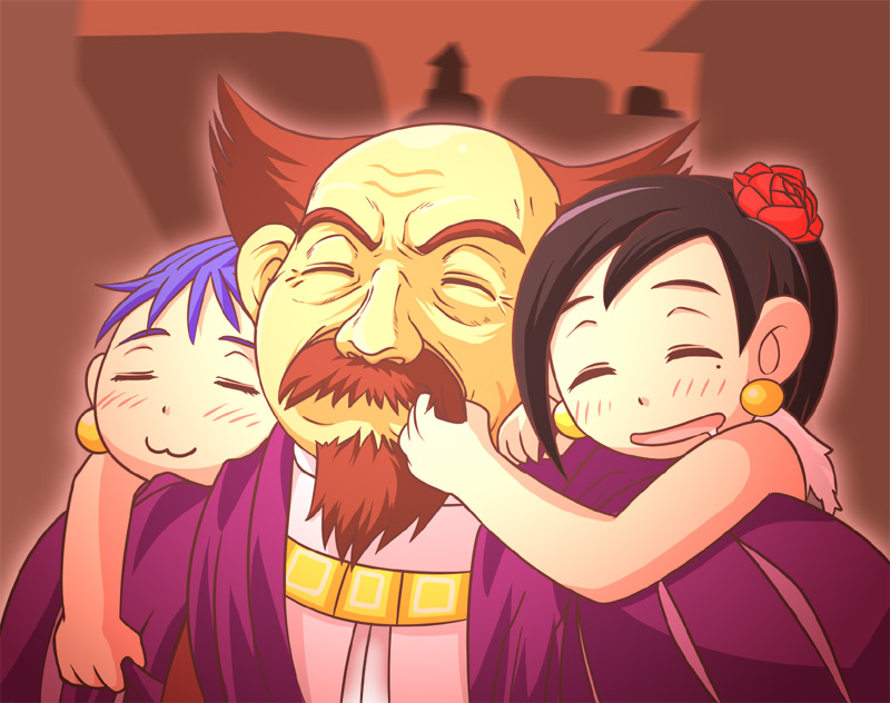 tonda, deborah (dq5), flora (dq5), ludman, dragon quest, dragon quest v, 1boy, 2girls, :3, aged down, beard, black hair, blue hair, earrings, facial hair, father and daughter, flower, hair flower, hair ornament, jewelry, mole, mole under eye, multiple girls, mustache, siblings, sisters