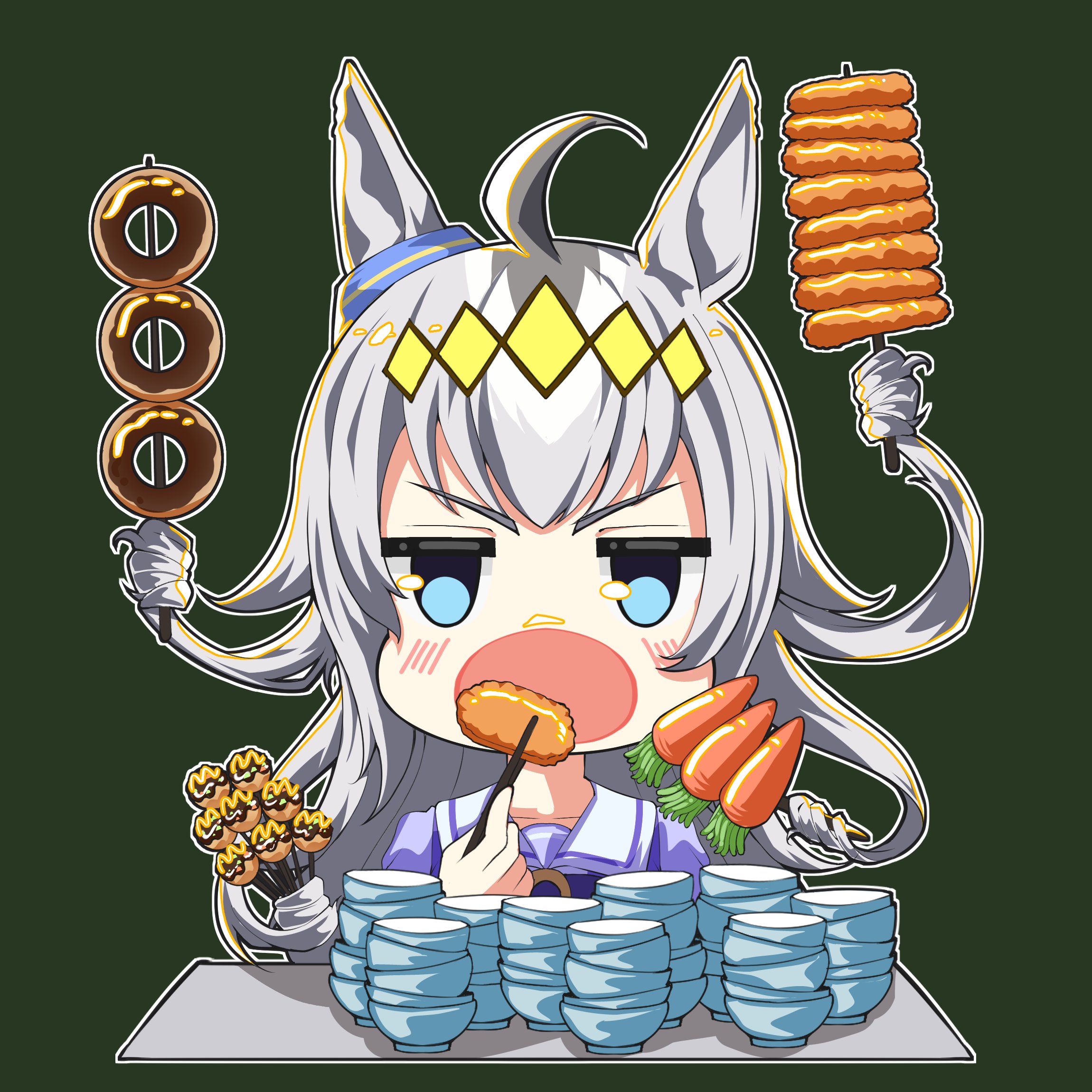 oguri cap (umamusume), umamusume, commentary, food request, highres, 1girl, ahoge, animal ears, blue eyes, blush, bow, bowl, carrot, chopsticks, donut, food, gabu gabugabuga, green background, grey hair, holding, holding chopsticks, holding food, horse ears, jitome, multicolored hair, open mouth, prehensile hair, purple bow, purple shirt, school uniform, shirt, simple background, solo, takoyaki, tracen school uniform, two-tone hair, upper body, v-shaped eyebrows, white hair