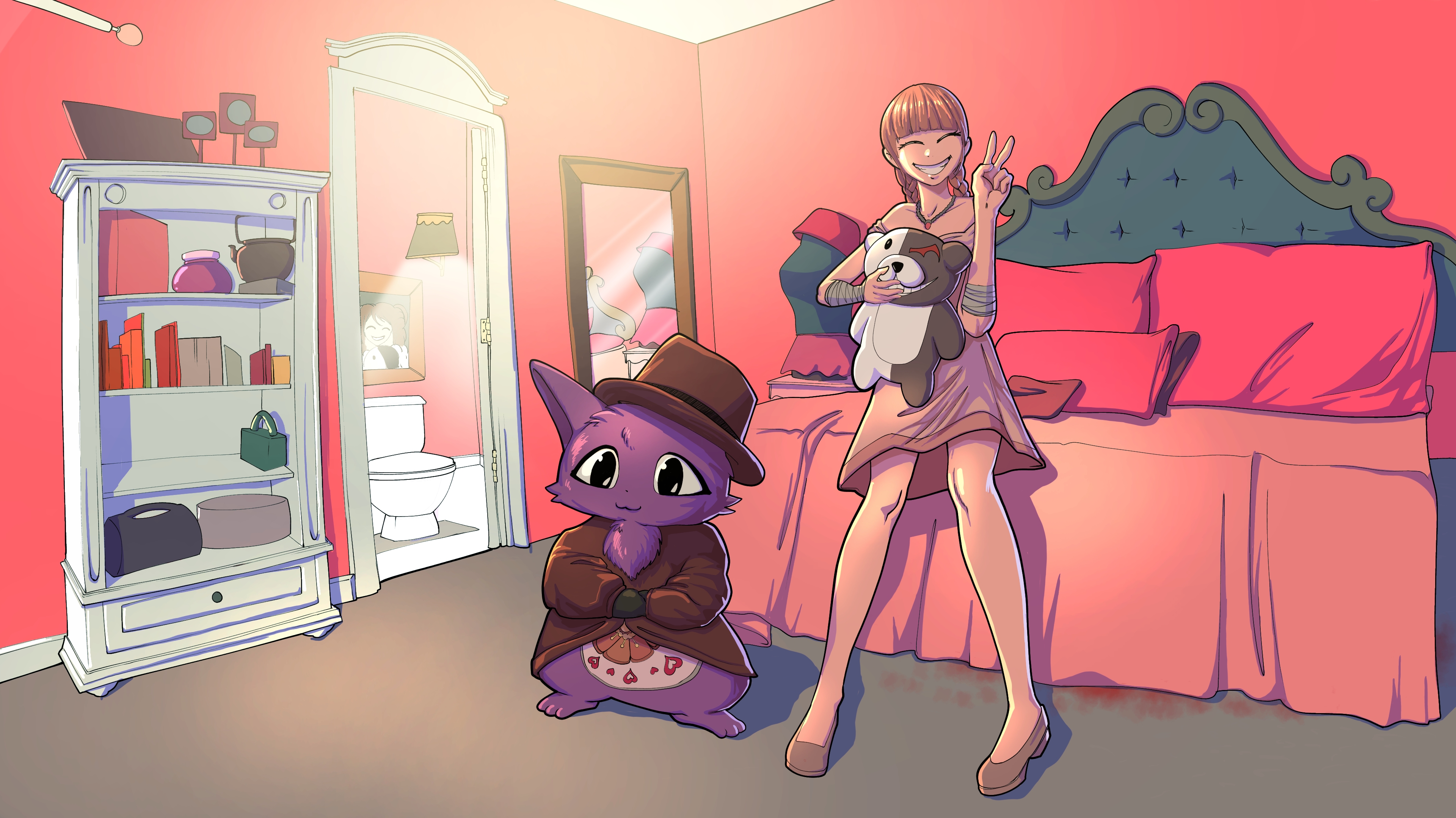 monokuma, danganronpa (series), absurdres, highres, non-web source, bed, bianca (conviction chronicles), blood, blood splatter, conviction chronicles, mr.cuddles (conviction chronicles)