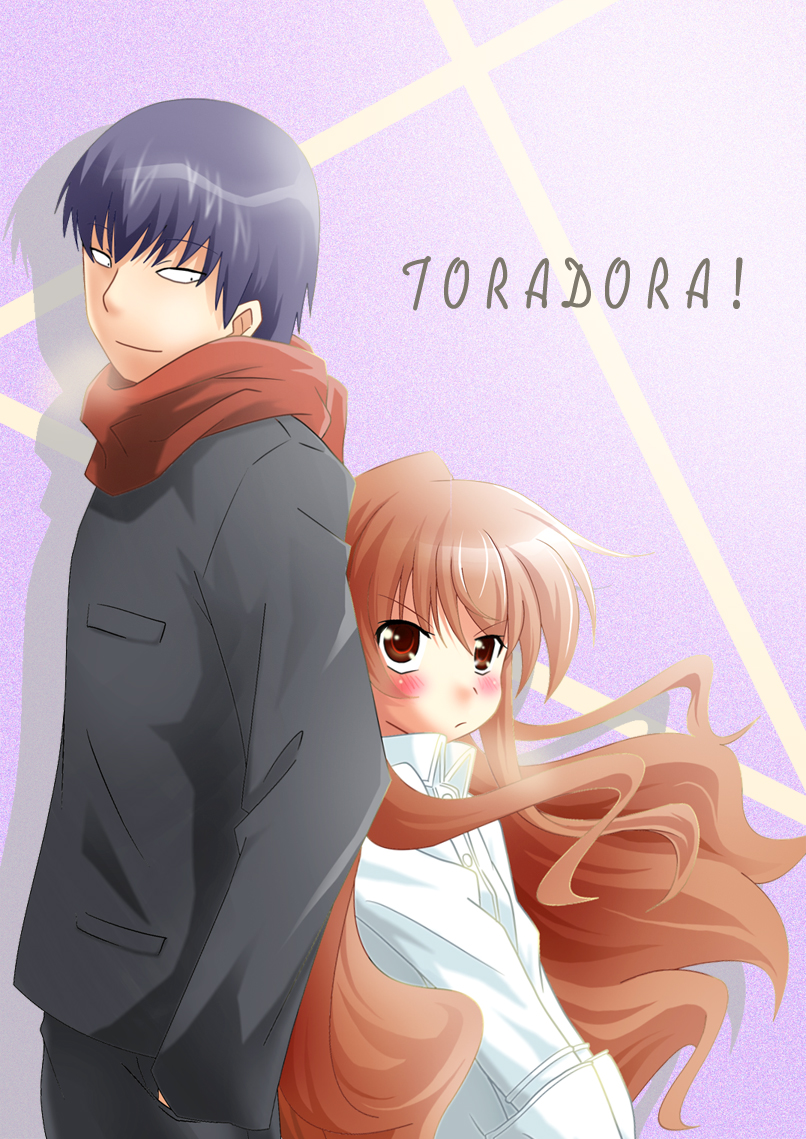 nisuki, aisaka taiga, takasu ryuuji, toradora!, 00s, back-to-back, blue hair, blush, brown eyes, brown hair, coat, long hair, scarf, short hair