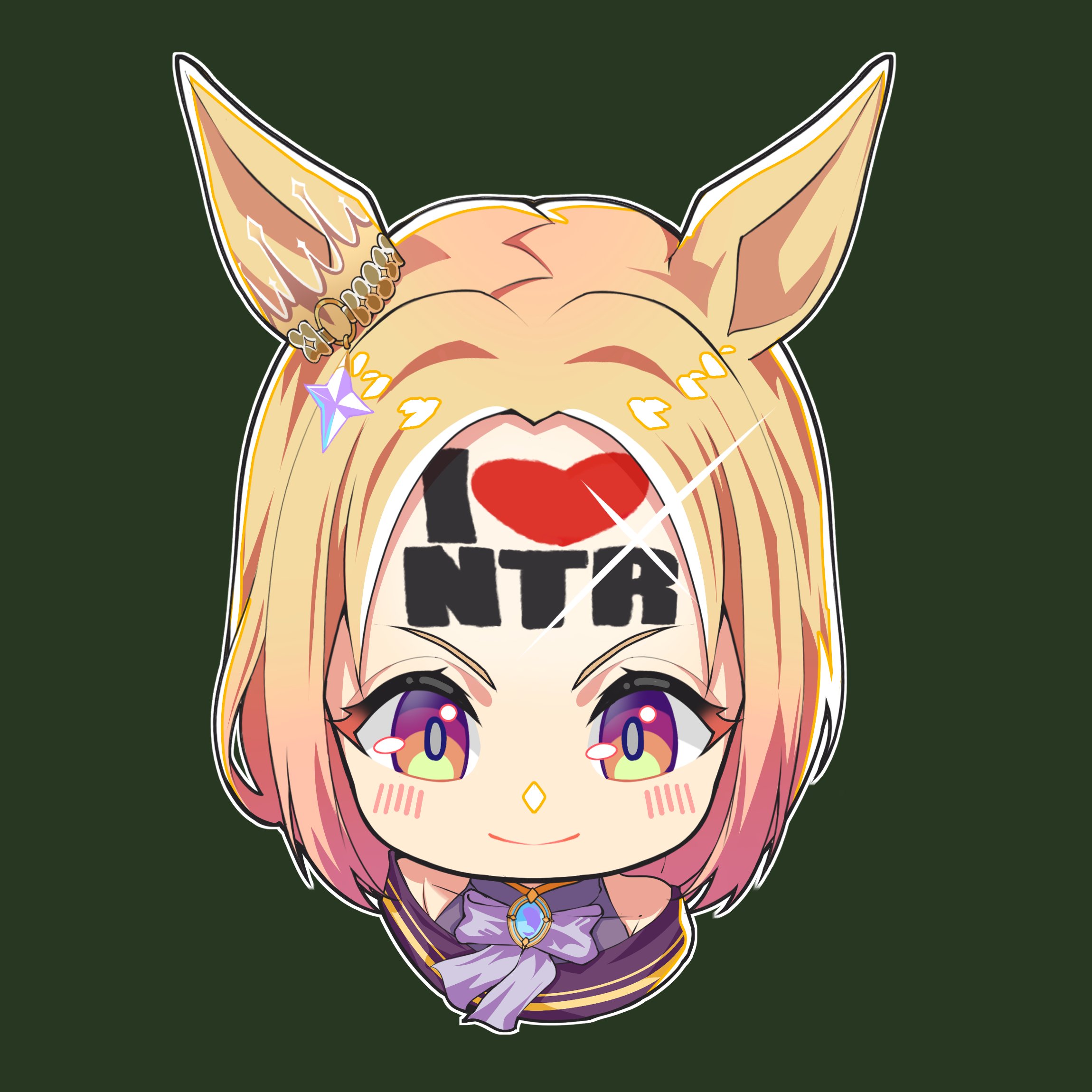 narita top road (the proud road) (umamusume), narita top road (umamusume), umamusume, commentary, highres, >:), animal ears, bare shoulders, blonde hair, blush, bow, brooch, closed mouth, cropped torso, forehead, forehead writing, gabu gabugabuga, green background, horse ears, i heart…, jewelry, multicolored hair, parted bangs, purple bow, simple background, smile, streaked hair, upper body, v-shaped eyebrows, white hair