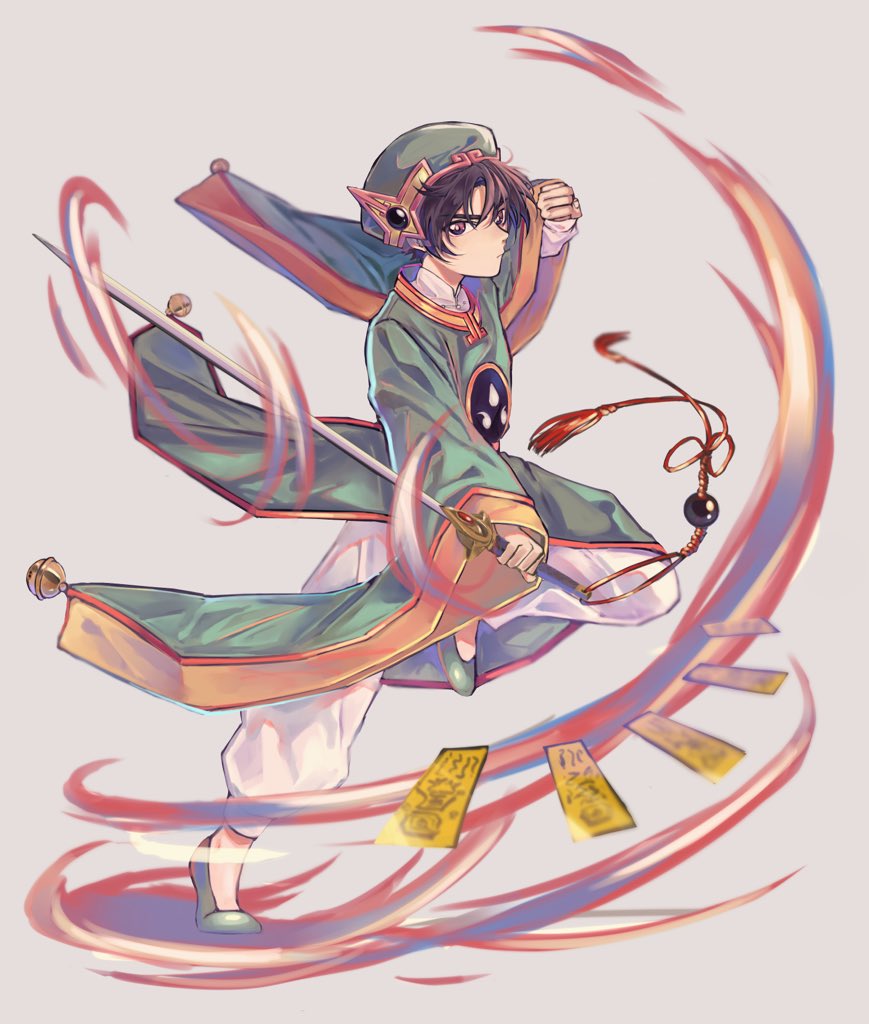 zoido, li syaoran, cardcaptor sakura, commentary request, 1boy, bell, brown eyes, brown hair, chinese clothes, closed mouth, green hat, green shoes, grey background, hair between eyes, hand up, hat, holding, holding sword, holding weapon, jingle bell, leg up, li syaoran (battle costume), long sleeves, looking at viewer, male focus, ofuda, pants, serious, shirt, shoes, short hair, simple background, solo, standing, standing on one leg, sword, tassel, weapon, white pants, white shirt, wide sleeves