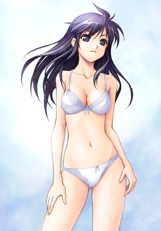 michi, original, 1girl, bow, bow bra, bow panties, bra, breasts, cleavage, female focus, lingerie, long hair, medium breasts, navel, panties, purple eyes, purple hair, solo, underwear, underwear only, white bra, white panties