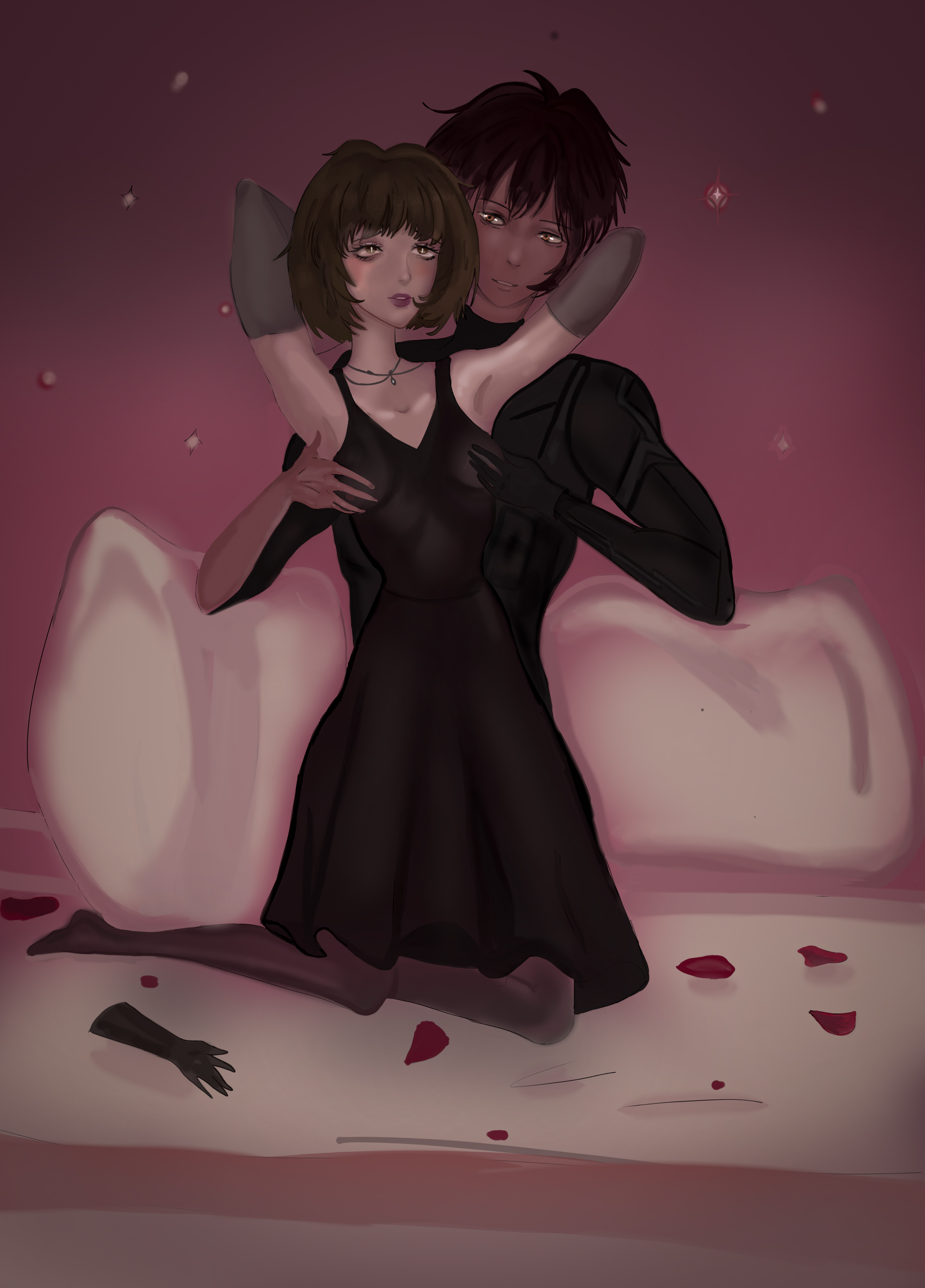 absurdres, highres, non-web source, 1boy, 1girl, agatha (conviction chronicles), bed, black dress, black gloves, conviction chronicles, cross (conviction chronicles), dress, gloves, nipple stimulation, short hair, sleeveless