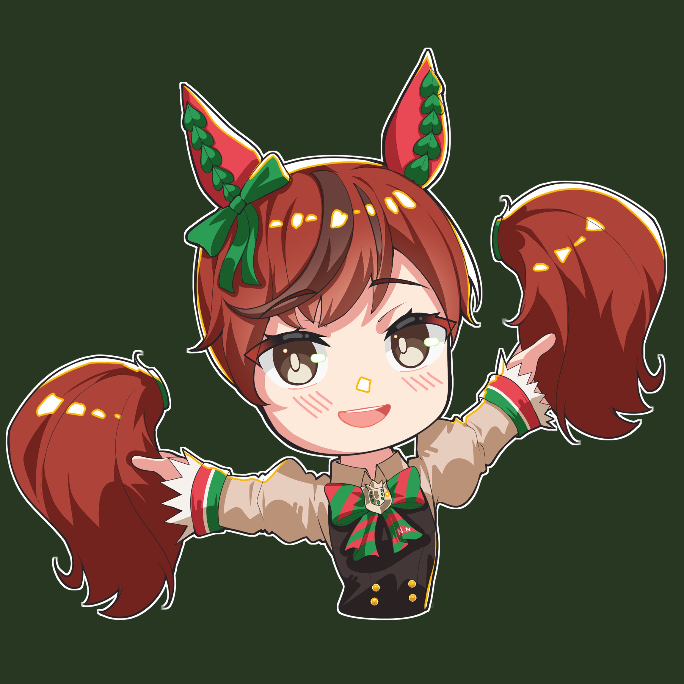 nice nature (poinsettia ribbon) (umamusume), nice nature (umamusume), umamusume, commentary, highres, 1girl, :d, animal ears, black dress, blush, bow, brown eyes, brown hair, brown shirt, collared shirt, cropped torso, detached hair, diagonal-striped bow, dress, ear bow, gabu gabugabuga, green background, green bow, hands up, holding, holding own hair, horse ears, juliet sleeves, long sleeves, looking at viewer, multicolored hair, open mouth, puffy sleeves, shirt, simple background, sleeveless, sleeveless dress, smile, solo, streaked hair, striped bow, twintails, upper body