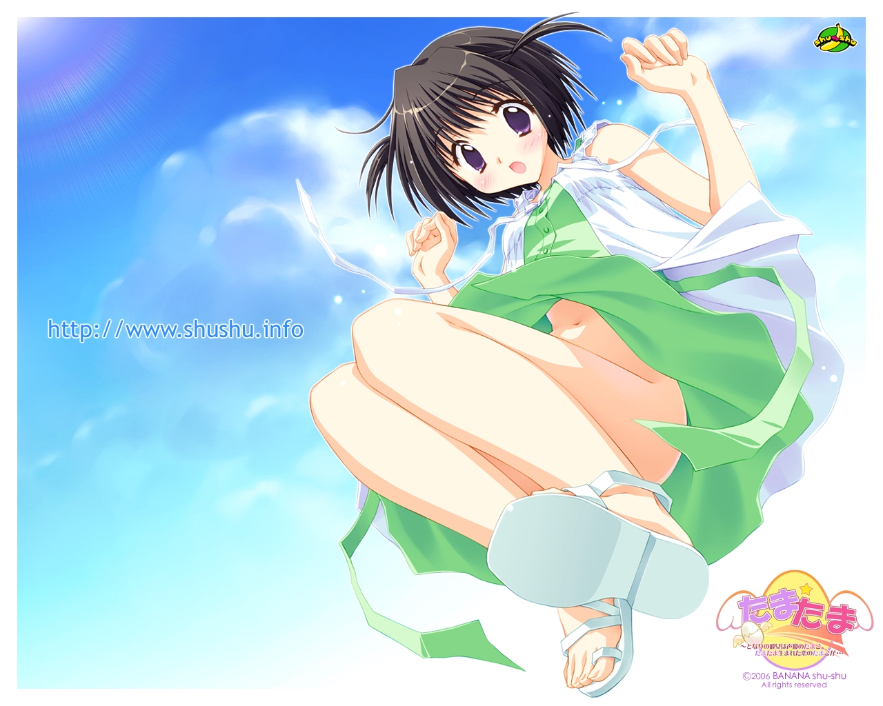 kadoi aya, wakui saki, tamatama, white footwear, 00s, 1girl, 2006, :o, bare arms, bare shoulders, black hair, blue sky, blush, breasts, cloud, cloudy sky, convenient leg, copyright name, day, dress, falling, female focus, from below, full body, green dress, hands up, jumping, logo, looking at viewer, looking down, navel, no panties, open mouth, outdoors, outline, outside border, purple eyes, sandals, shirt, shoes, short hair, sky, sleeveless, sleeveless dress, sleeveless shirt, solo, tareme, twintails, upskirt, watermark, web address, white shirt