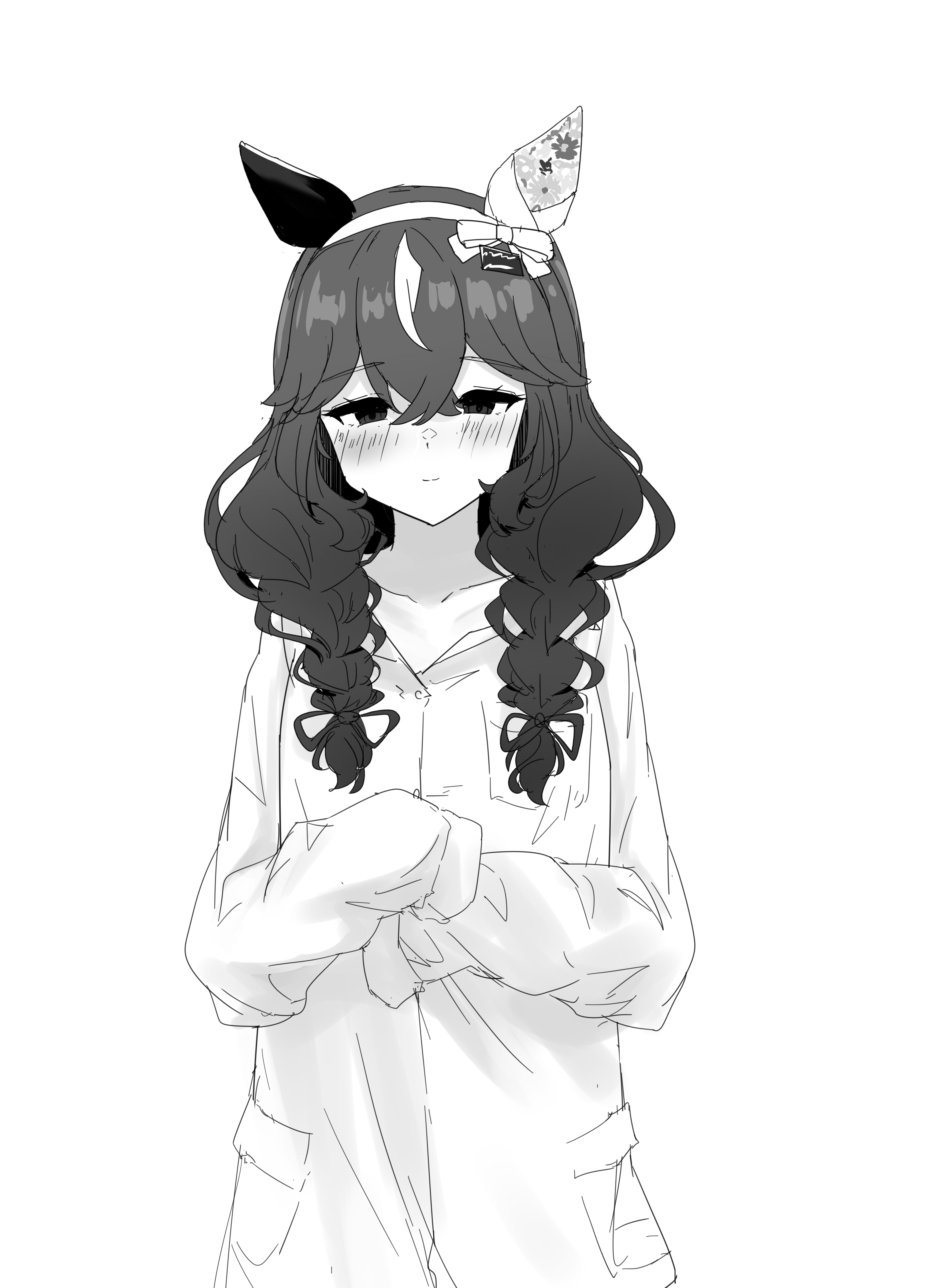 gryebooks, curren bouquetd'or (umamusume), umamusume, absurdres, commentary request, highres, 1girl, alternate costume, animal ears, borrowed clothes, braid, breasts, closed mouth, collarbone, hair between eyes, hair ornament, hairband, horse ears, horse girl, looking at viewer, low twin braids, monochrome, shirt, small breasts, smile, solo, twin braids, white background