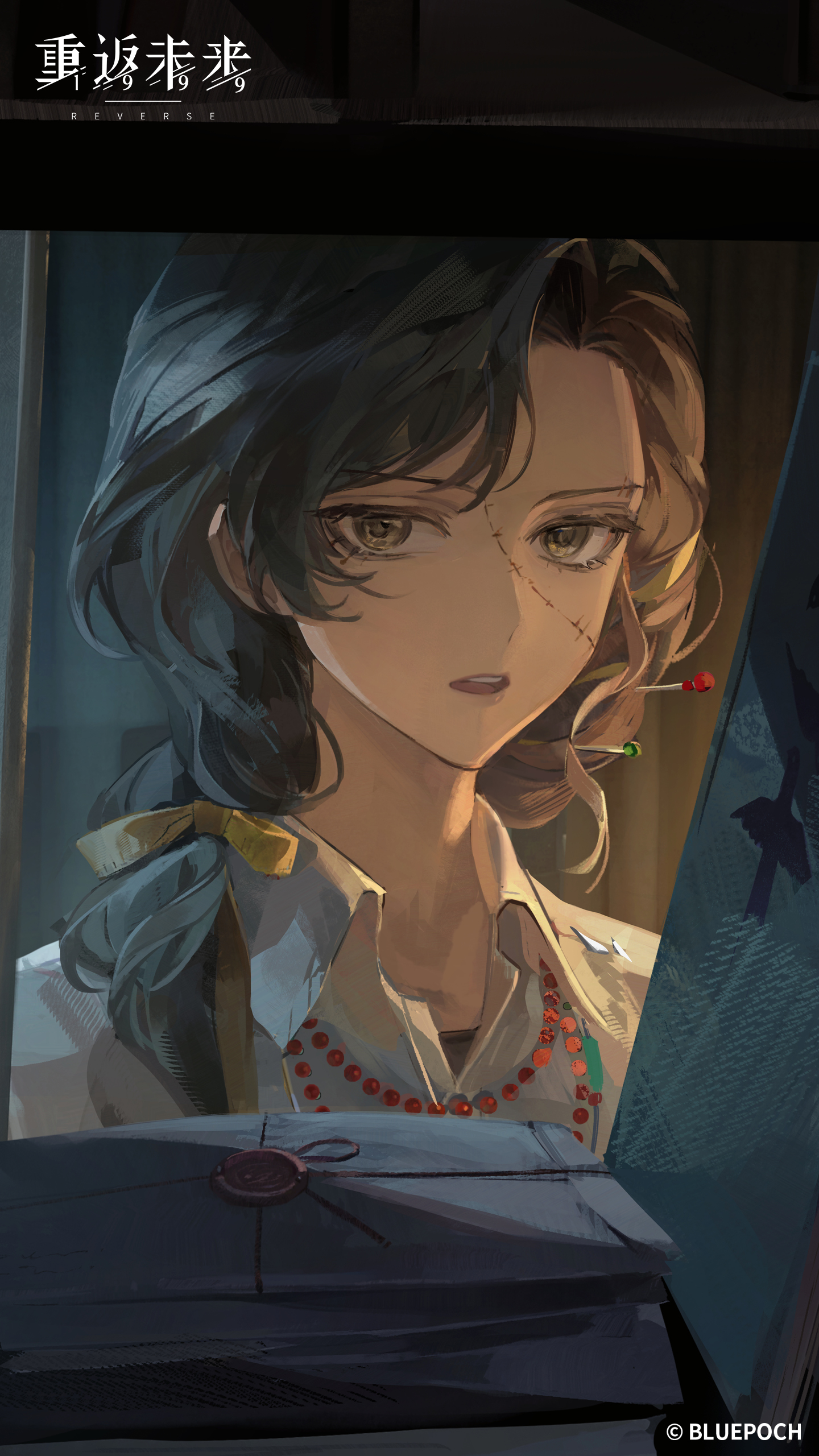 reverse:1999, absurdres, highres, official art, official wallpaper, 1girl, bead necklace, beads, book, bookshelf, brown eyes, collared shirt, copyright name, copyright notice, corvus (reverse:1999), envelope, hair over shoulder, jewelry, logo, long hair, looking at viewer, low ponytail, necklace, open mouth, ponytail, shirt, solo, stitched face, stitches, upper body, white shirt