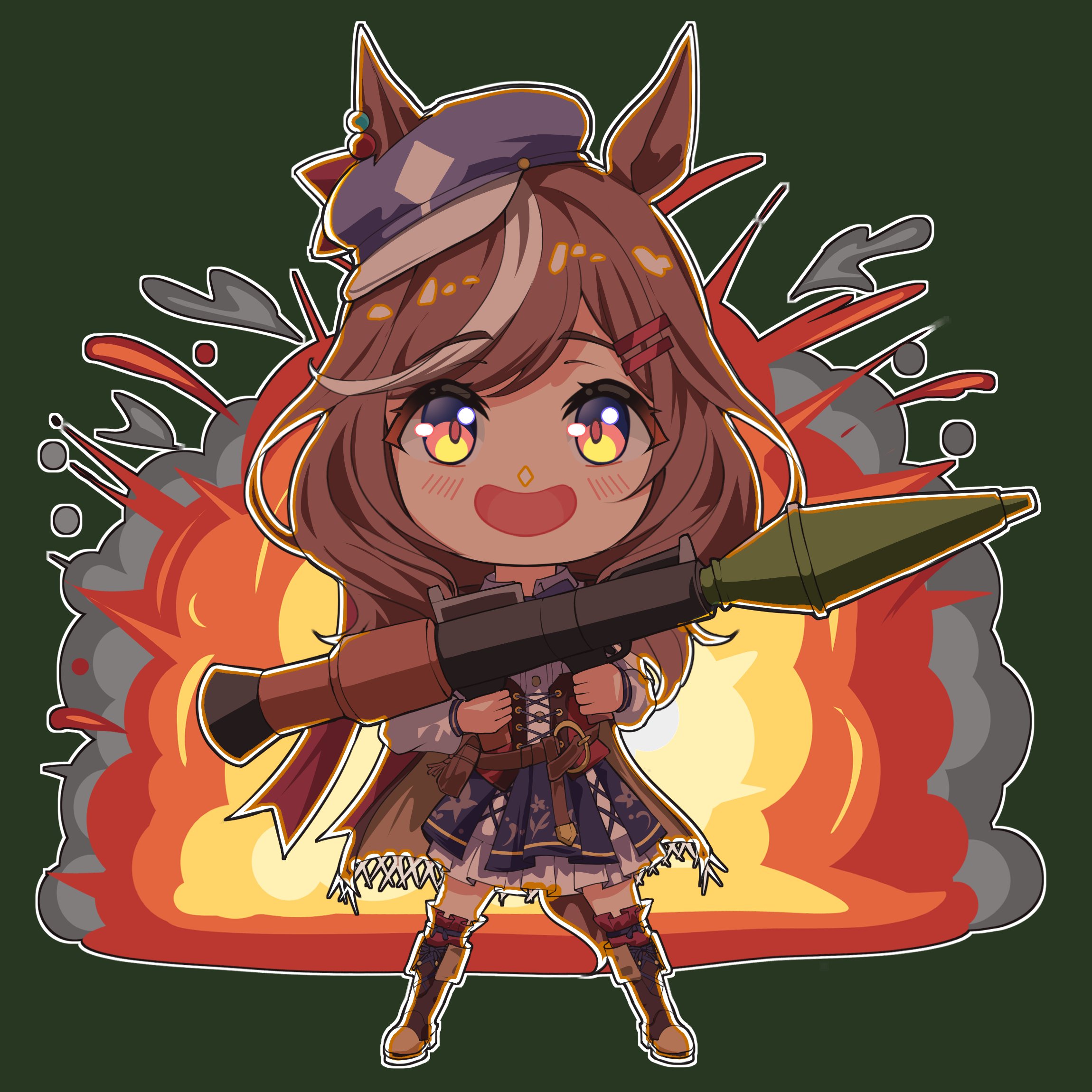 matikanetannhauser (panpaka tiltott) (umamusume), matikanetannhauser (umamusume), umamusume, commentary, highres, 1girl, :d, animal ears, blue hat, blue skirt, boots, brown boots, brown hair, chibi, ears through headwear, explosion, explosion background, fold-over boots, full body, gabu gabugabuga, green background, gun, hair ornament, hairclip, hat, holding, holding gun, holding weapon, horse ears, horse girl, horse tail, long hair, long sleeves, looking at viewer, multicolored hair, newsboy cap, open mouth, puffy long sleeves, puffy sleeves, red eyes, rocket launcher, rpg, rpg-7, rpg (weapon), shirt, simple background, skirt, smile, solo, standing, streaked hair, tail, tilted headwear, weapon, white hair, white shirt