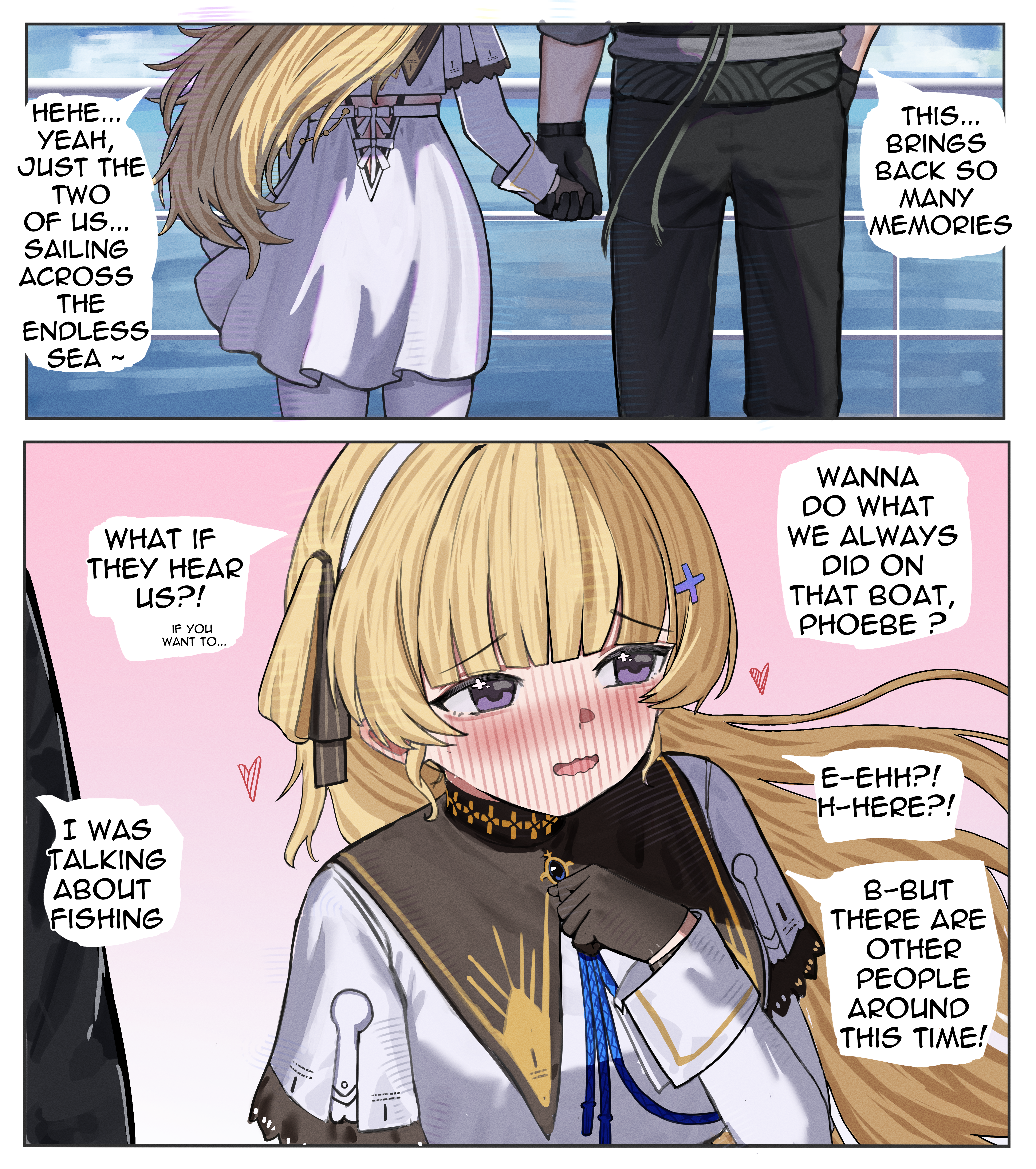 2na (blue2na), male rover (wuthering waves), phoebe (wuthering waves), rover (wuthering waves), wuthering waves, absurdres, commentary, english commentary, highres, 1boy, 1girl, black collar, black gloves, black pants, blonde hair, blush, collar, english text, gloves, hair ornament, hairband, hand up, heart, holding hands, long hair, no headwear, nose blush, pants, pantyhose, purple eyes, shirt, skirt, white hairband, white pantyhose, white shirt, white skirt, x hair ornament