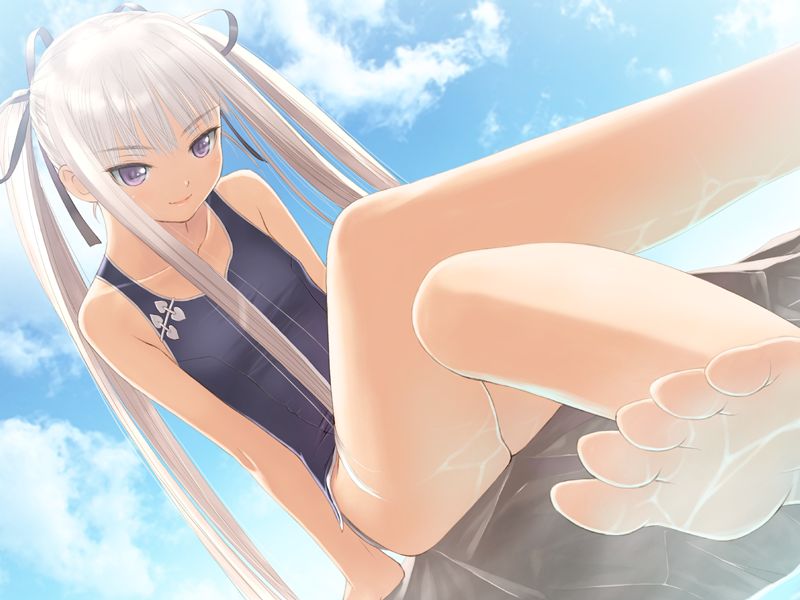tony taka, houmei, sega, shining (series), shining wind, 1girl, barefoot, feet, female focus, flat chest, legs, long legs, one-piece swimsuit, purple eyes, smile, solo, swimsuit, twintails, water, white hair