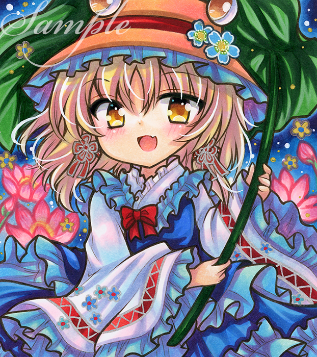 rui (sugar3), moriya suwako, touhou, marker (medium), traditional media, 1girl, :d, blonde hair, blue dress, blush, dress, flower, frills, hat, hat flower, holding, leaf umbrella, long sleeves, looking at viewer, open mouth, sample watermark, smile, solo, upper body, watermark, wide sleeves, yellow eyes