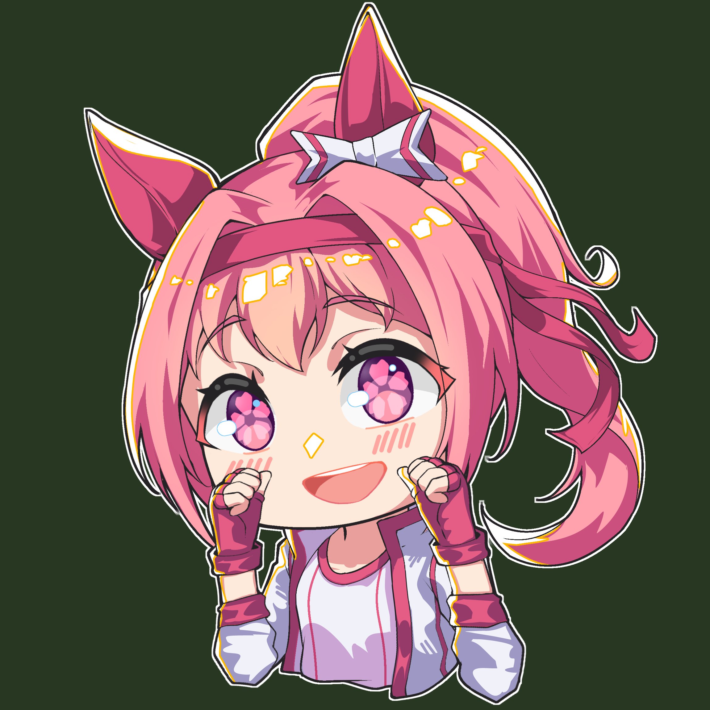 haru urara (bestest prize) (umamusume), haru urara (umamusume), umamusume, commentary, highres, 1girl, :d, animal ears, blush, chibi, cropped torso, fingerless gloves, flower-shaped pupils, gabu gabugabuga, gloves, green background, hair between eyes, hairband, hands up, horse ears, jacket, long hair, looking at viewer, open clothes, open jacket, open mouth, pink hair, ponytail, purple eyes, red gloves, red hairband, shirt, simple background, smile, solo, symbol-shaped pupils, teeth, upper body, upper teeth only, white jacket, white shirt