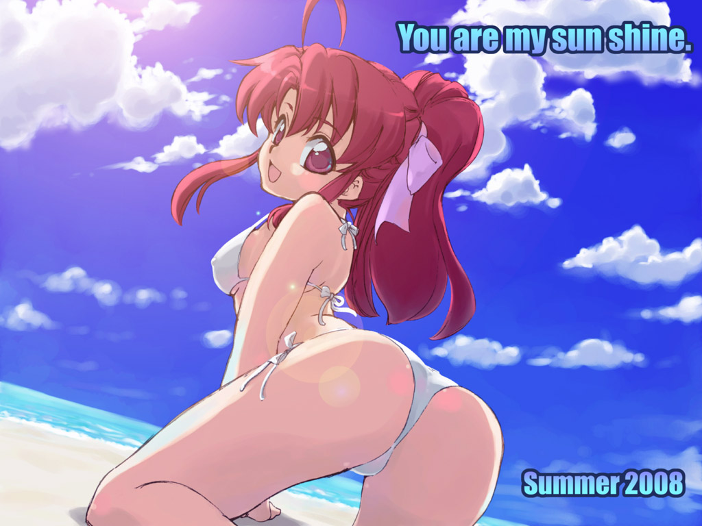 tessai, original, 1girl, all fours, ass, beach, bikini, cloud, day, dutch angle, english text, female focus, lens flare, looking back, open mouth, outdoors, ponytail, red eyes, red hair, side-tie bikini bottom, sky, smile, solo, strap gap, swimsuit