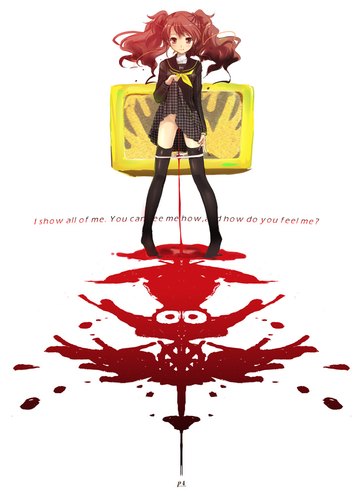 kouguchi moto, kujikawa rise, atlus, persona, persona 4, 1girl, blood, clothes lift, english text, engrish text, female focus, inkblot test, legs, menstrual blood, menstruation, panties, panty pull, ranguage, skirt, skirt lift, solo, thighhighs, underwear, white panties