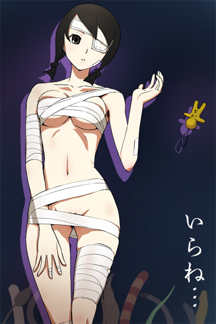 haruyama kazunori, kobushi abiru, sayonara zetsubou sensei, hand on thigh, 00s, 1girl, armpit hair, bandages, black eyes, black hair, braid, breasts, cellphone charm, cellphone strap, charm (object), doll, eyepatch, female focus, female pubic hair, groin, multiple tails, naked bandage, navel, pubic hair, shadow, solo, tail, thigh gap, thighs, twin braids, twintails, underboob