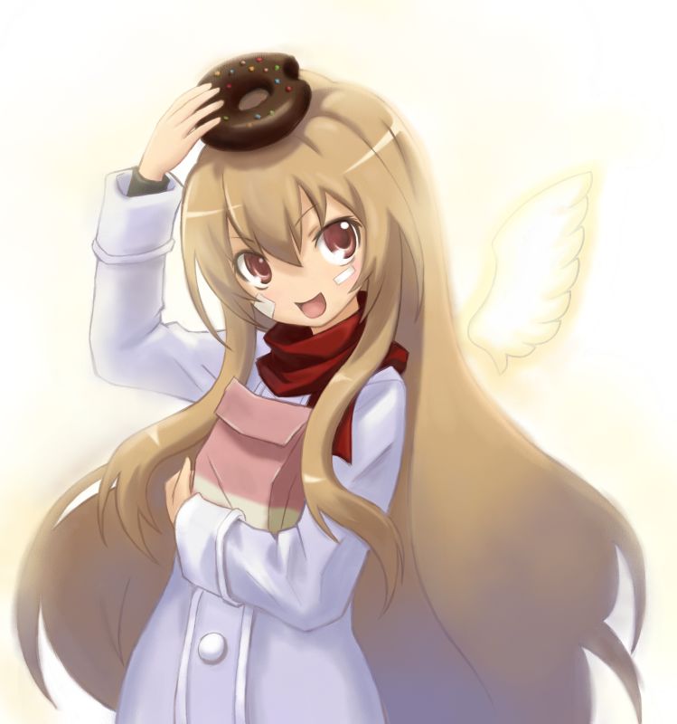mzd421, aisaka taiga, toradora!, 00s, angel wings, brown eyes, brown hair, coat, donut, food, long hair, scarf, solo, wings